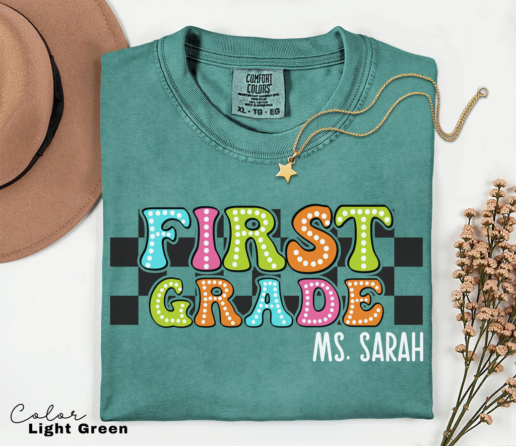 Custom First Grade Teacher Comfort Colors Shirt, Personalized Name, Back to School Teacher Tee, 1st Grade Teacher Group Shirt, Retro Teacher
