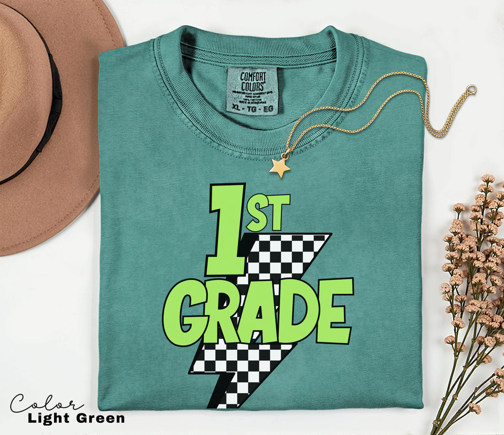 Comfort Colors Retro First Grade Teacher Shirt, Back to School 1st Grade Tee, Teacher Appreciation Gift, Teacher Group, Neon Checkered Shirt