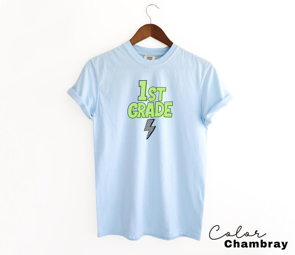 Comfort Colors Retro First Grade Teacher Shirt, Back to School 1st Grade Tee, Teacher Appreciation Gift, Teacher Group, Neon Checkered Shirt