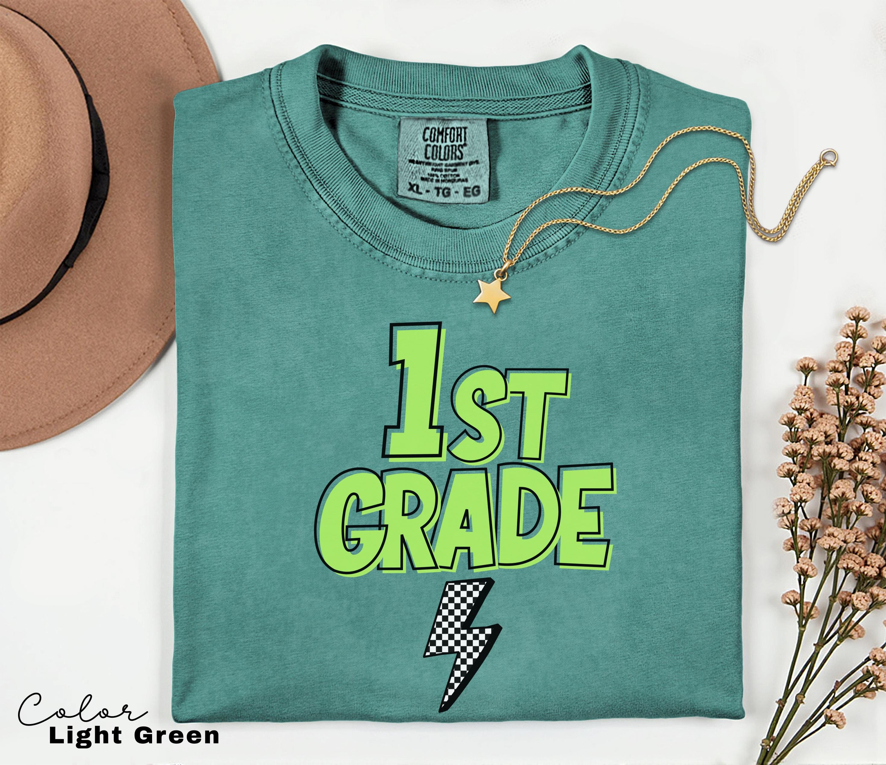 Comfort Colors Retro First Grade Teacher Shirt, Back to School 1st Grade Tee, Teacher Appreciation Gift, Teacher Group, Neon Checkered Shirt