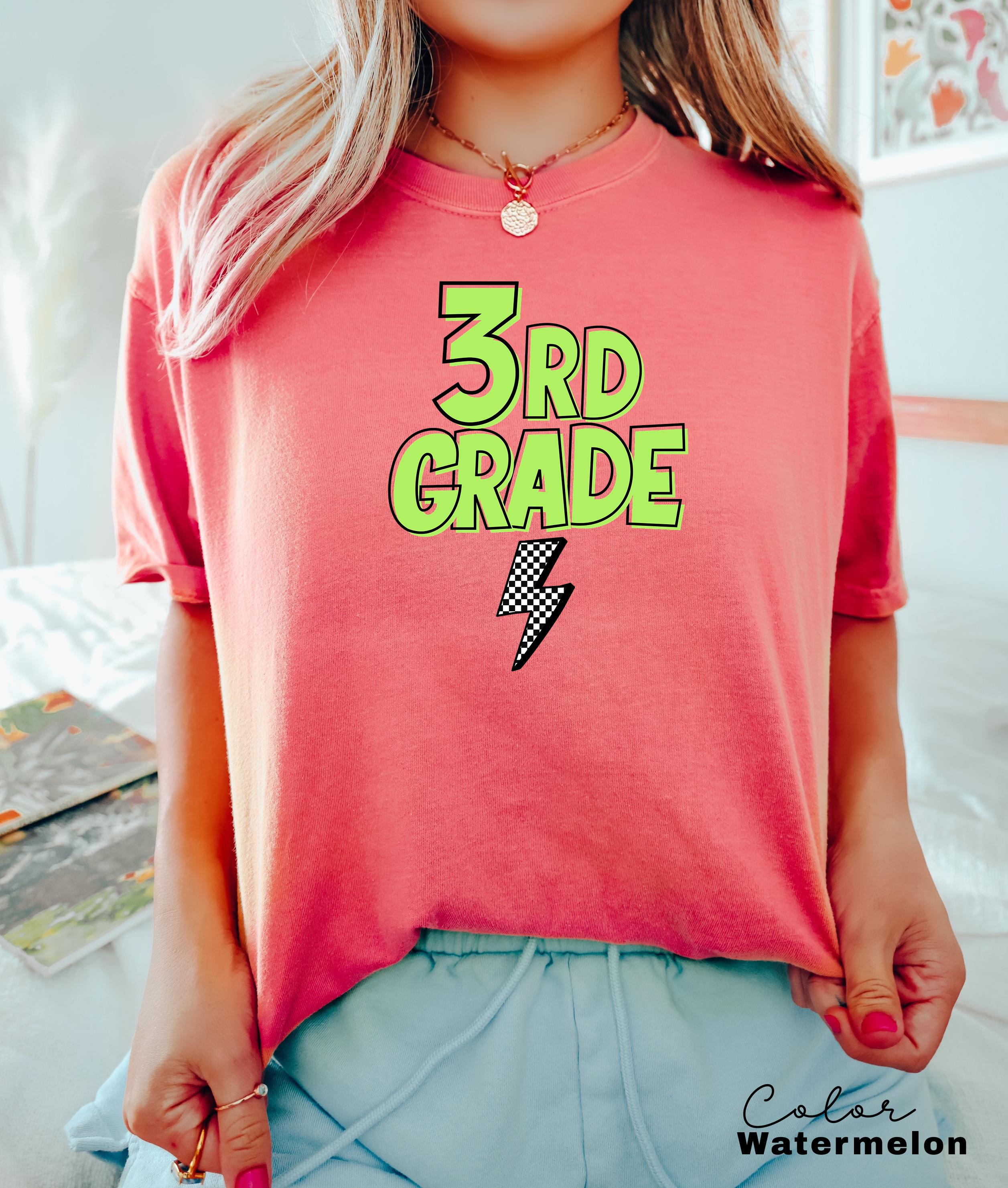 Comfort Colors Retro Third Grade Teacher Shirt, Back to School 3rd Grade Tee, Teacher Appreciation Gift, Teacher Group, Neon Checkered Shirt