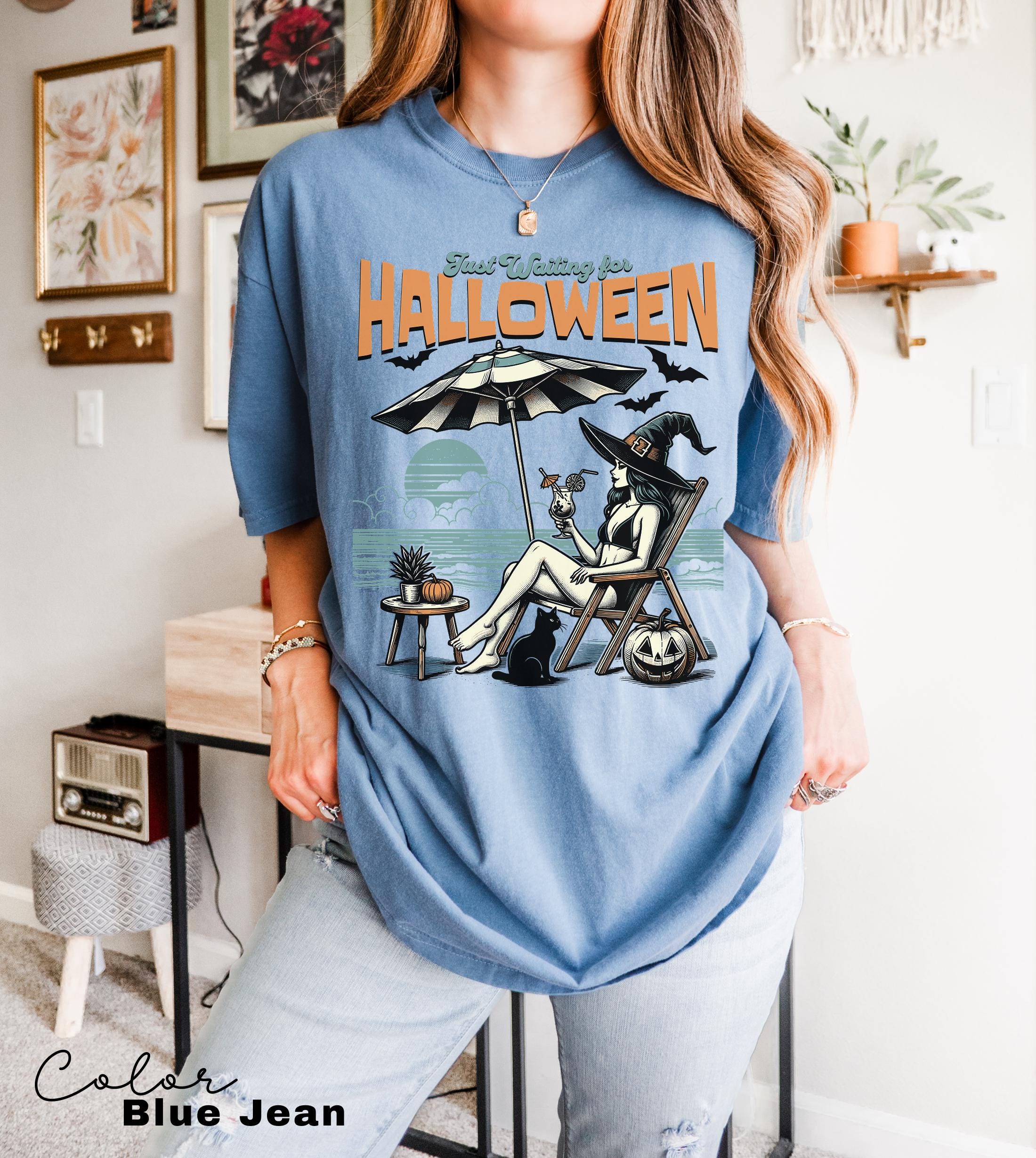 Summerween Beach Witch Shirt, Just Waiting for Halloween Summer Shirt, Summer-ween Tshirt, Spooky Summer Tee, Halloweener Gift, Vacation Tee