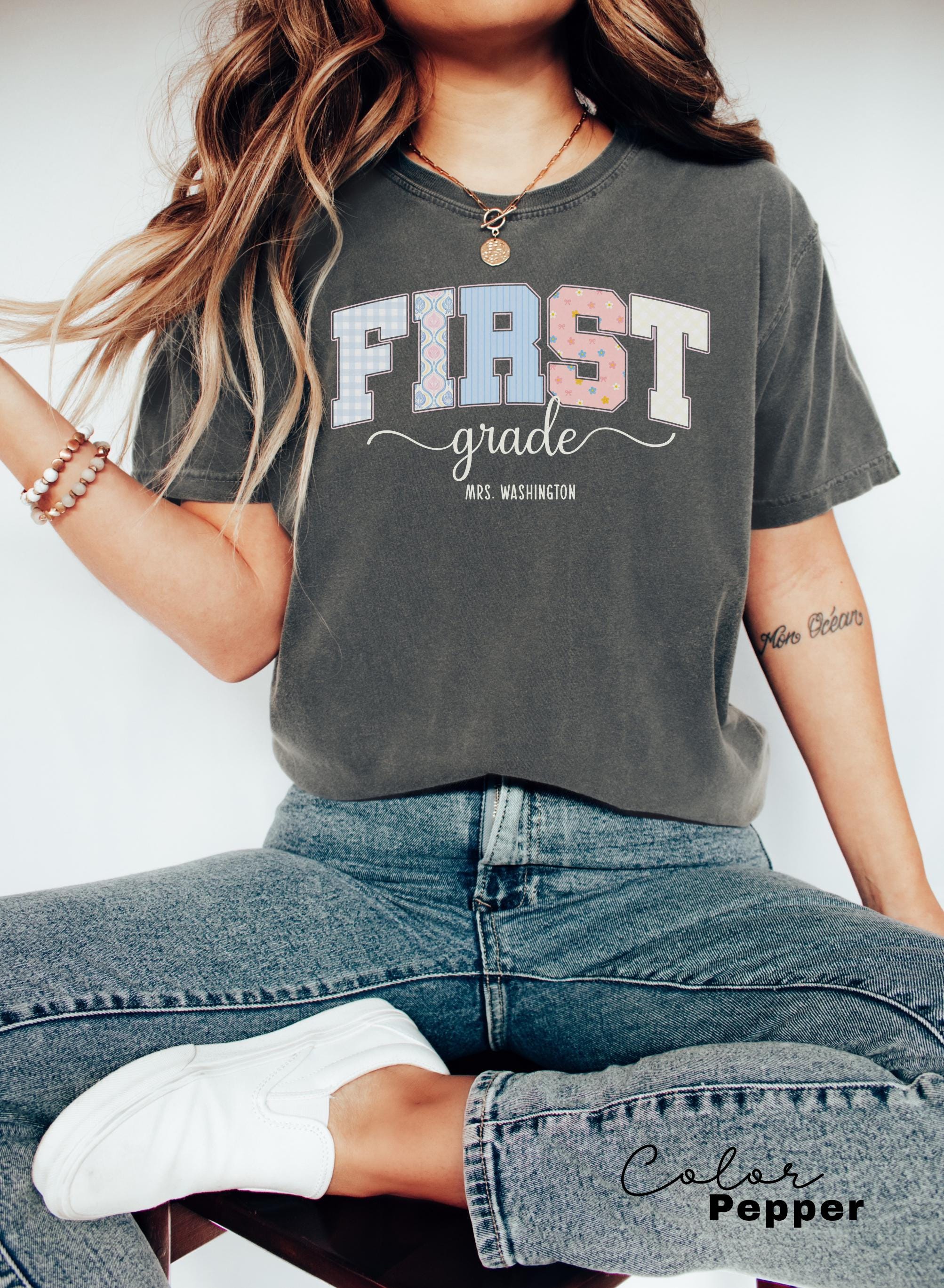 Custom First Grade Teacher Comfort Colors Shirt, Personalized Name, Back to School Teacher Tee, 1st Grade Teacher Group Shirt, Cute Floral