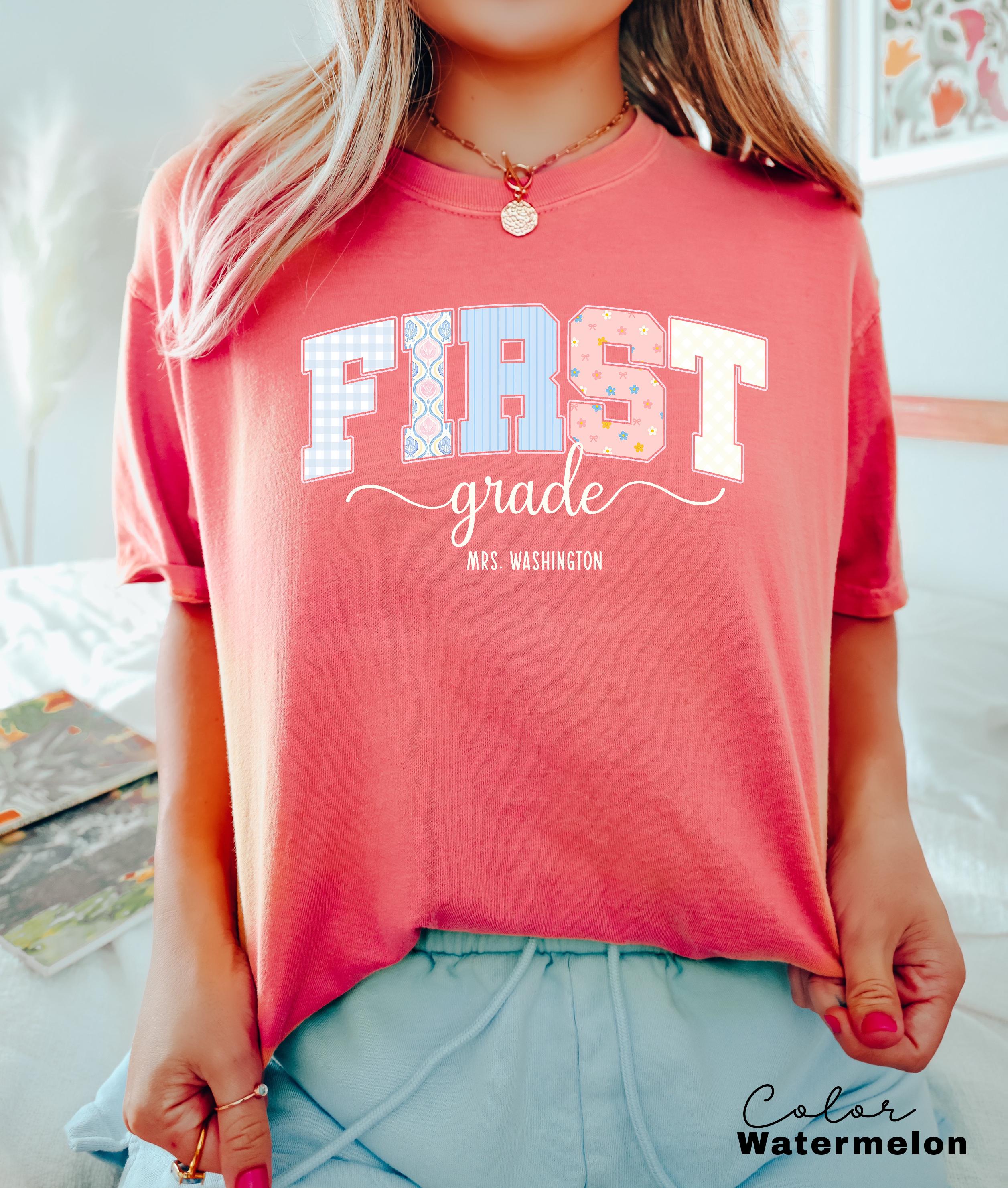 Custom First Grade Teacher Comfort Colors Shirt, Personalized Name, Back to School Teacher Tee, 1st Grade Teacher Group Shirt, Cute Floral