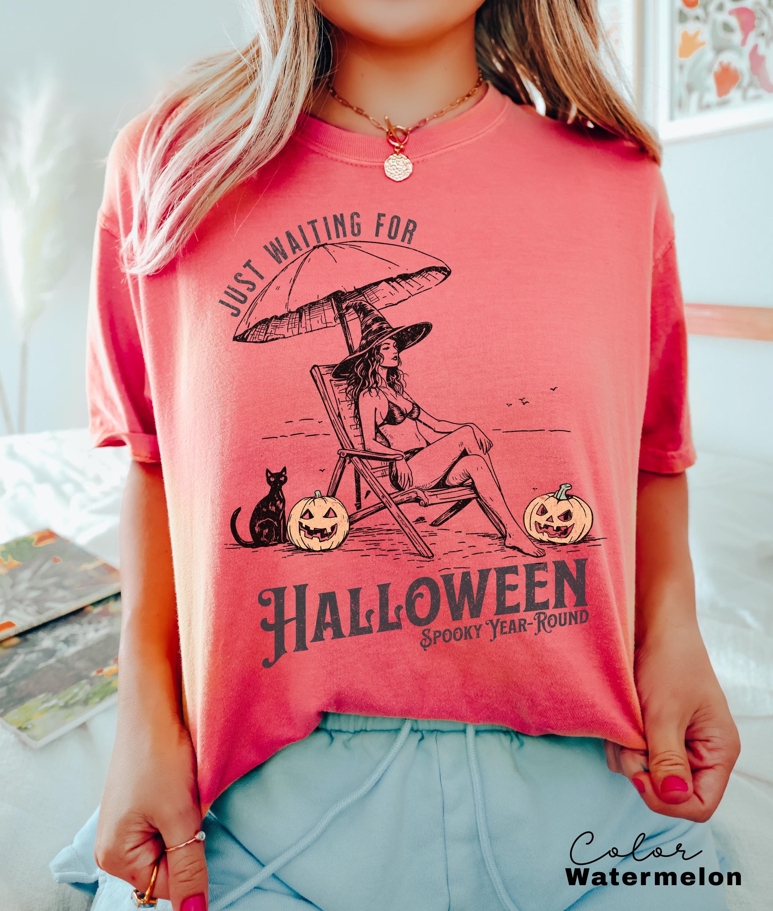 Summerween Beach Witch Shirt, Just Waiting for Halloween Summer Shirt, Summer-ween Tshirt, Spooky Summer Tee, Halloweener Gift, Vacation Tee