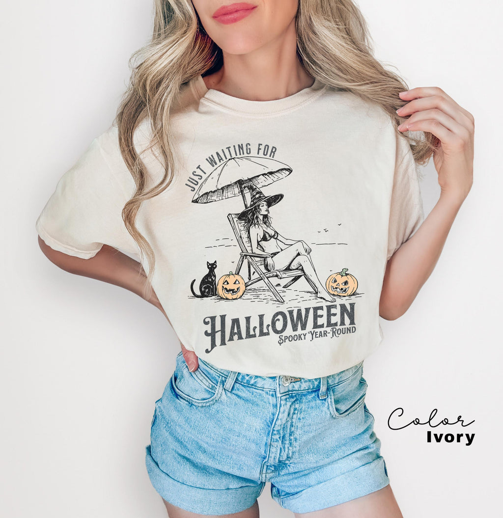 Summerween Beach Witch Shirt, Just Waiting for Halloween Summer Shirt, Summer-ween Tshirt, Spooky Summer Tee, Halloweener Gift, Vacation Tee