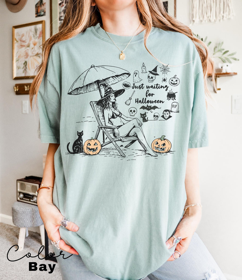 Summerween Beach Witch Shirt, Just Waiting for Halloween Summer Shirt, Summer-ween Tshirt, Spooky Summer Tee, Halloweener Gift, Vacation Tee