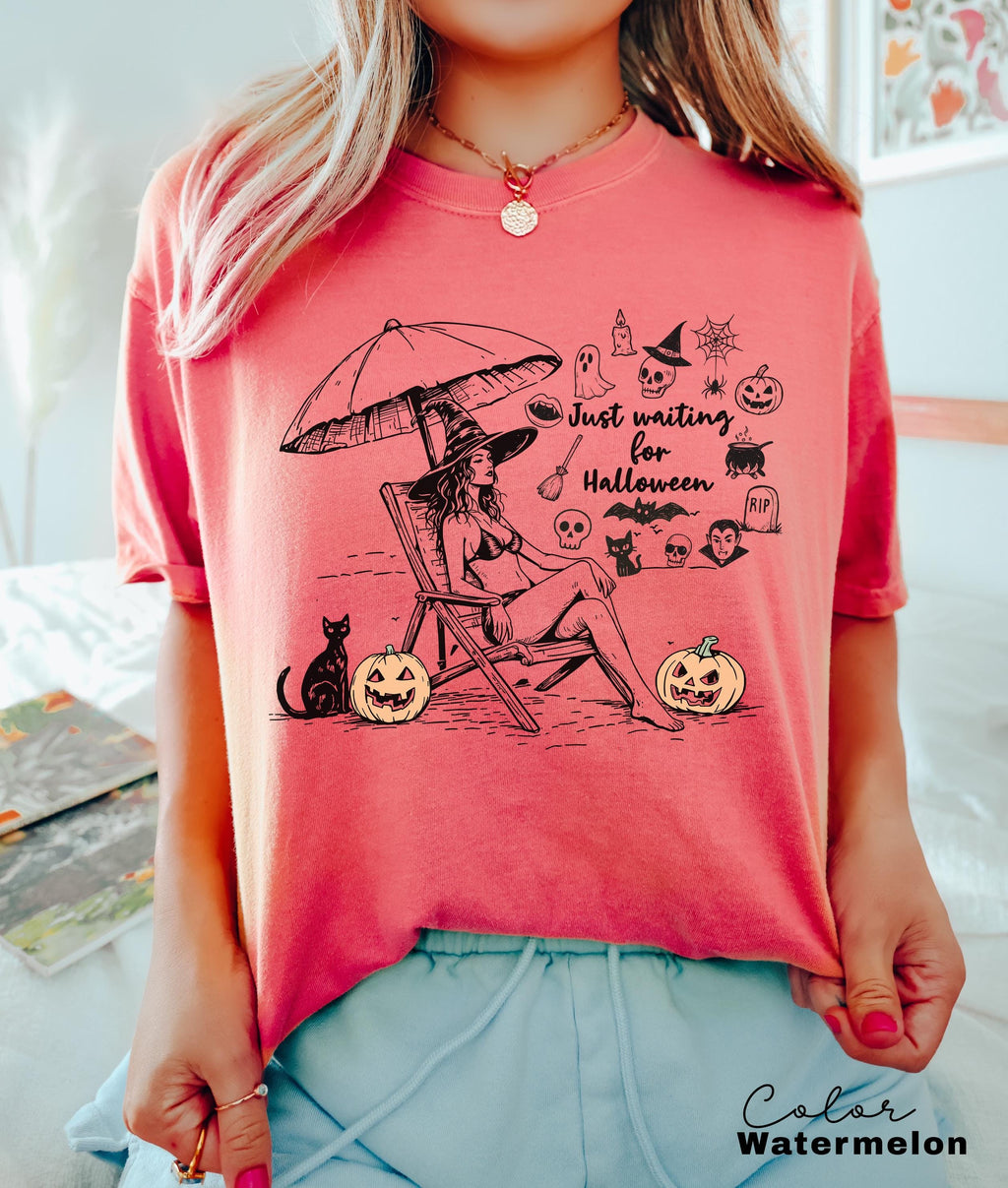 Summerween Beach Witch Shirt, Just Waiting for Halloween Summer Shirt, Summer-ween Tshirt, Spooky Summer Tee, Halloweener Gift, Vacation Tee