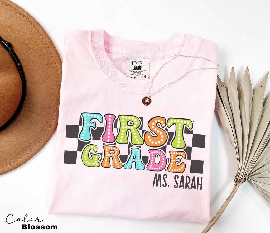 Custom First Grade Teacher Comfort Colors Shirt, Personalized Name, Back to School Teacher Tee, 1st Grade Teacher Group Shirt, Retro Teacher
