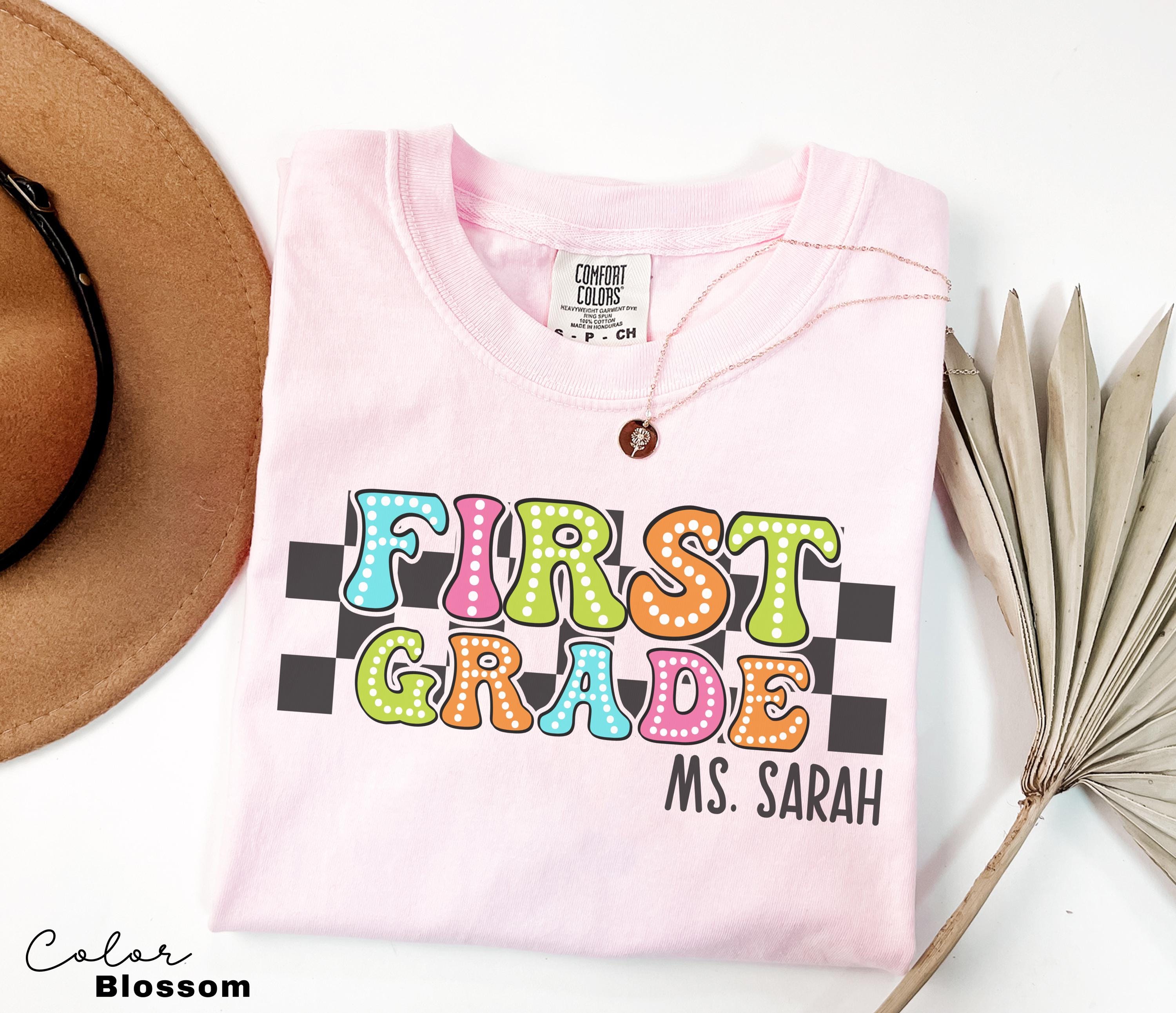 Custom First Grade Teacher Comfort Colors Shirt, Personalized Name, Back to School Teacher Tee, 1st Grade Teacher Group Shirt, Retro Teacher