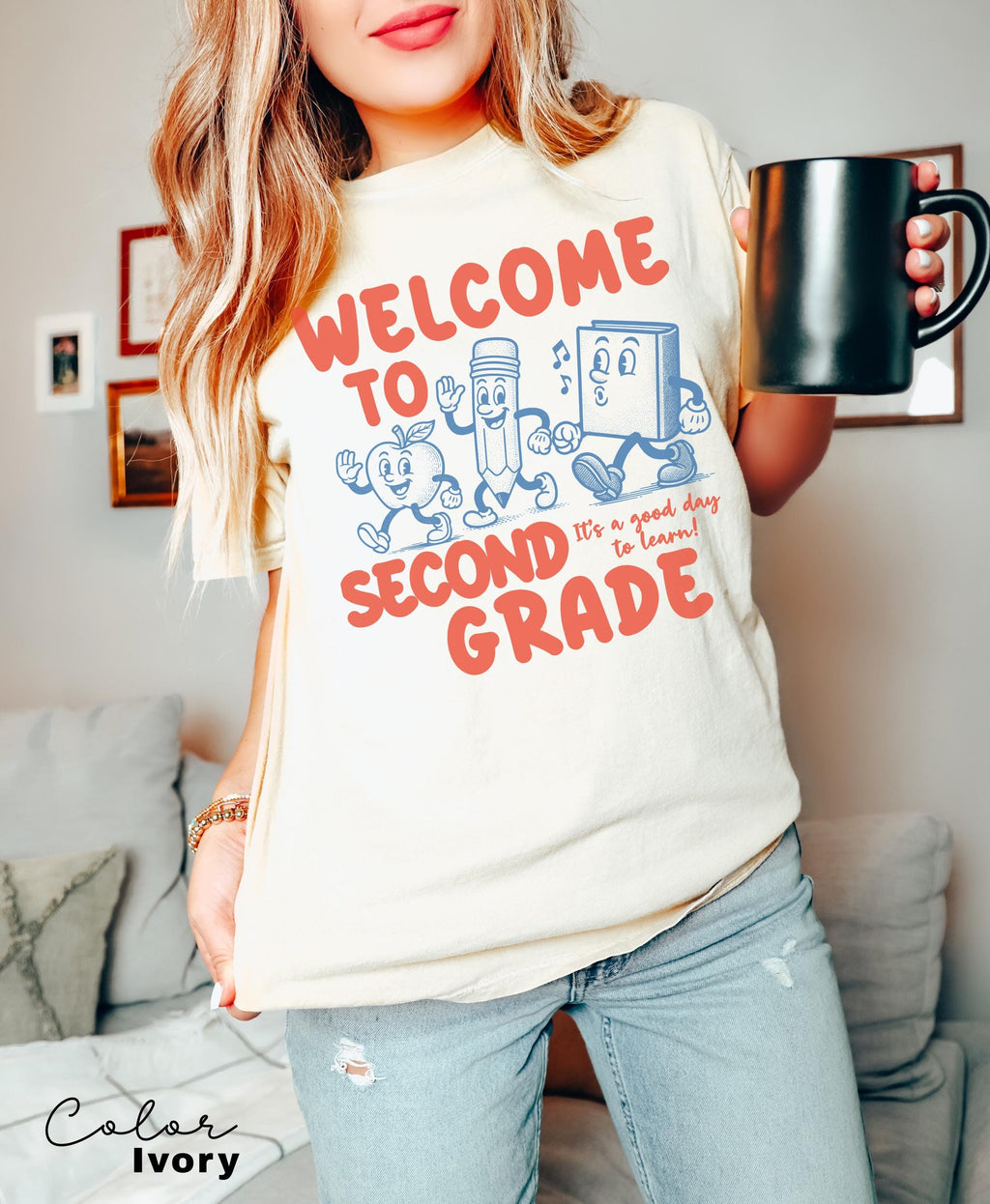 a woman is holding a coffee mug and posing for a picture