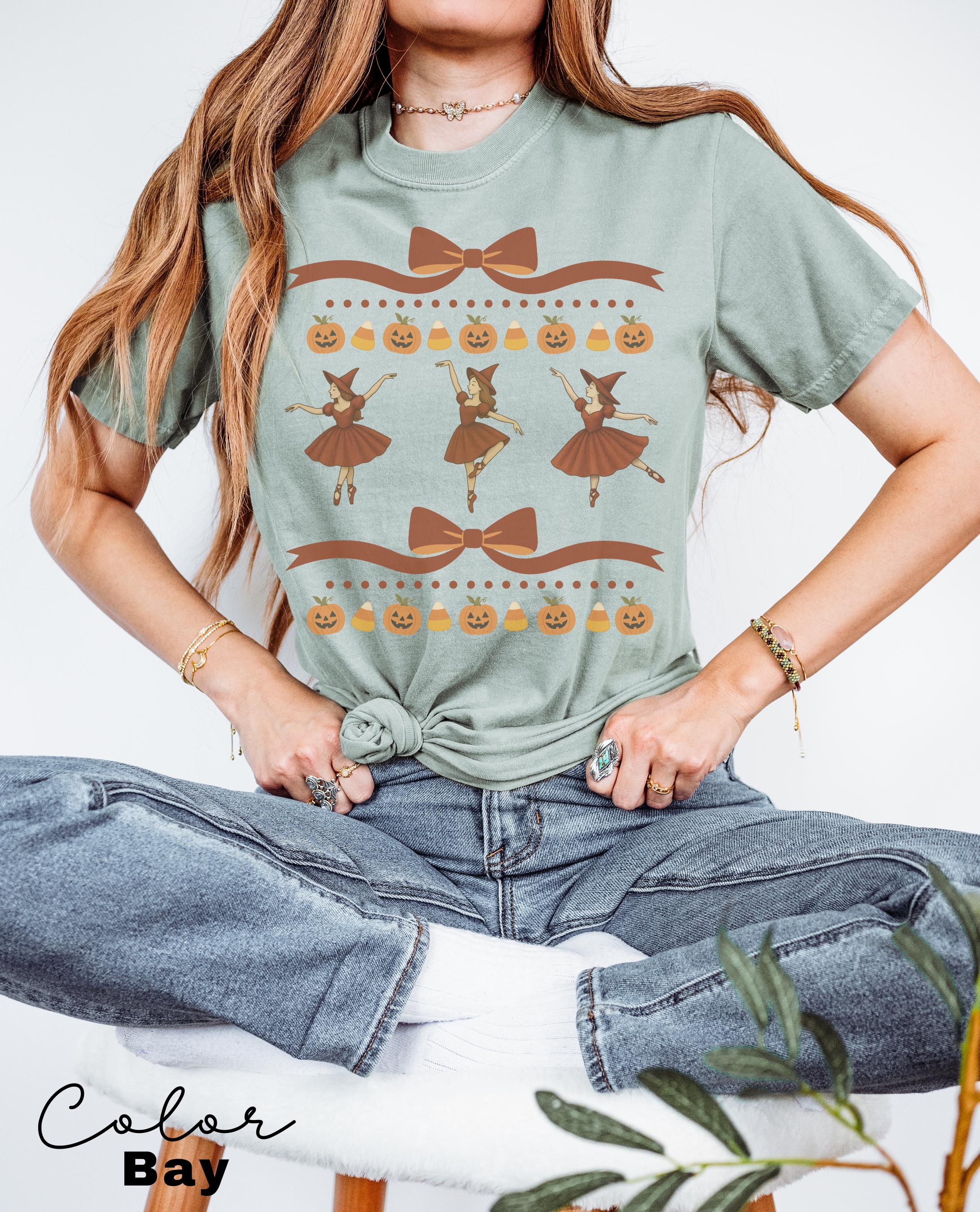 Halloween Coquette Witch Bow Shirt, Retro Witch Shirt, Cottagecore Halloween, Dancing Witch, Funny Halloween Tee, Trendy Halloween Gift,