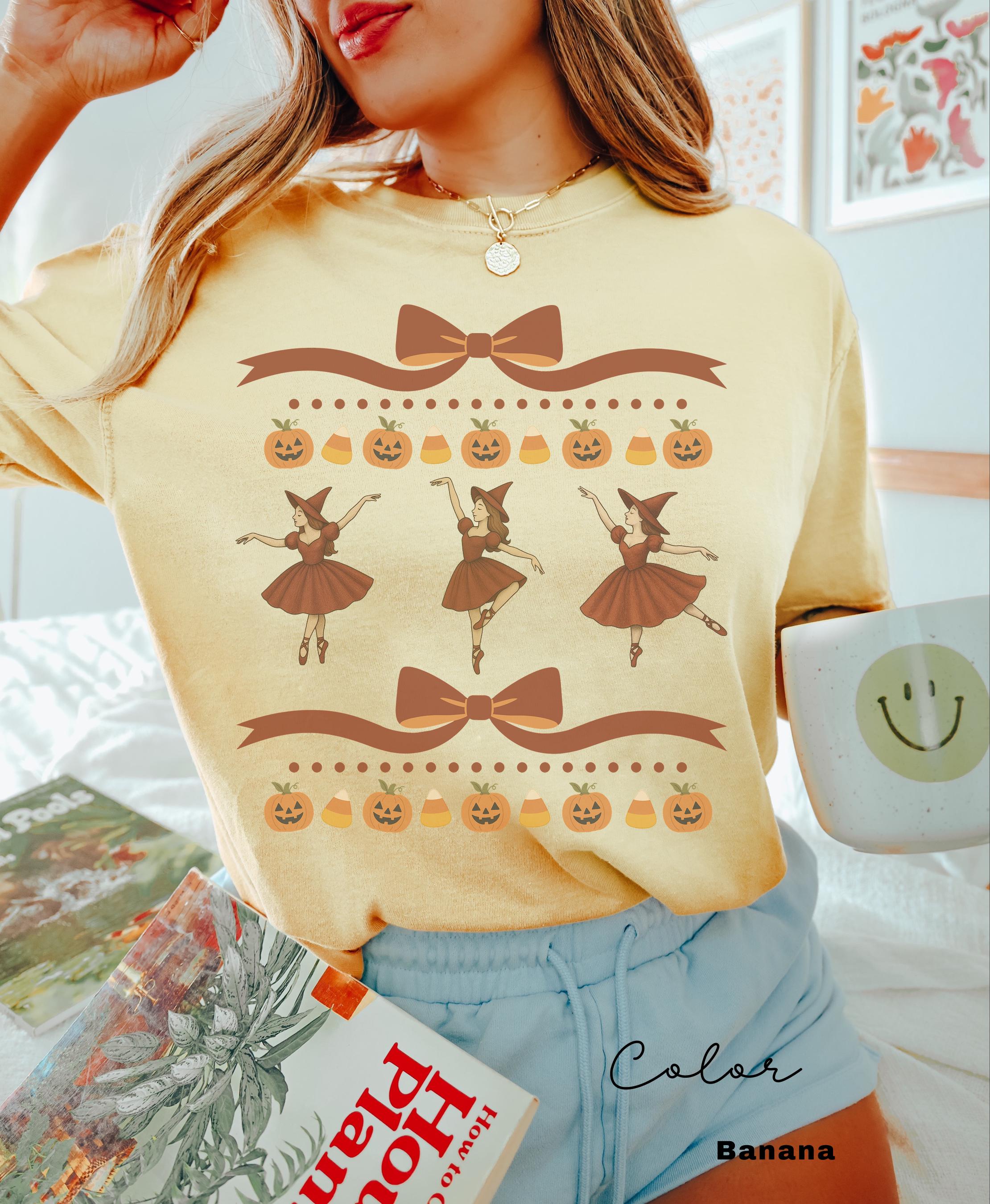 Halloween Coquette Witch Bow Shirt, Retro Witch Shirt, Cottagecore Halloween, Dancing Witch, Funny Halloween Tee, Trendy Halloween Gift,