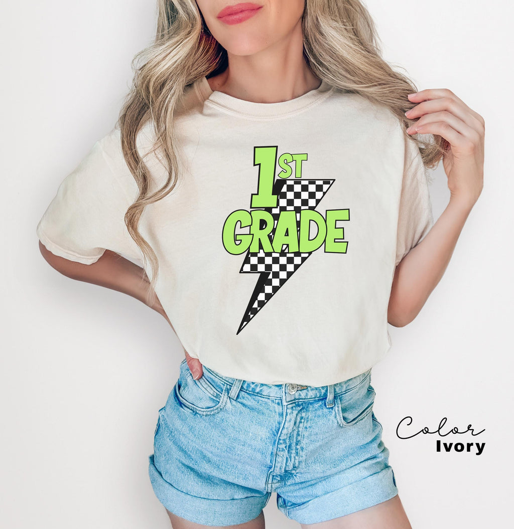 Comfort Colors Retro First Grade Teacher Shirt, Back to School 1st Grade Tee, Teacher Appreciation Gift, Teacher Group, Neon Checkered Shirt
