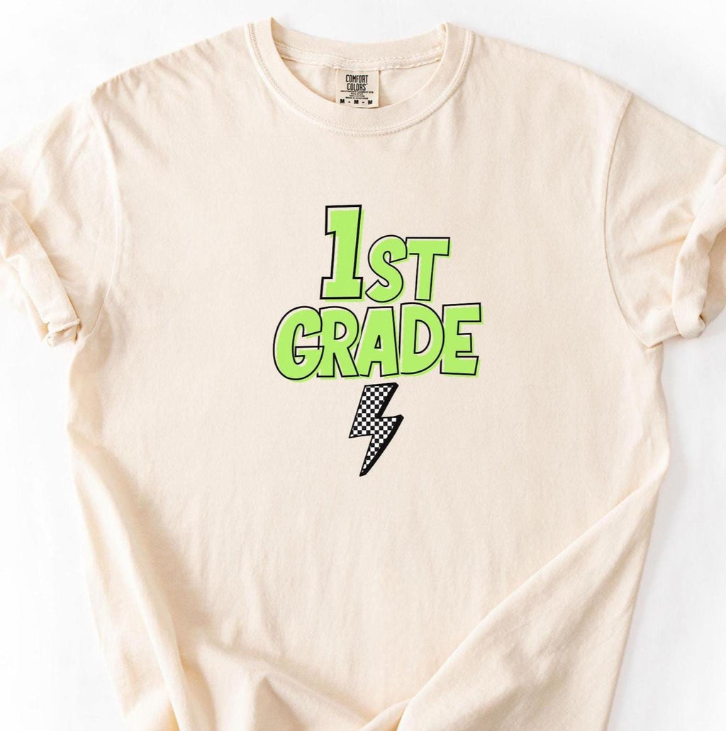 Comfort Colors Retro First Grade Teacher Shirt, Back to School 1st Grade Tee, Teacher Appreciation Gift, Teacher Group, Neon Checkered Shirt