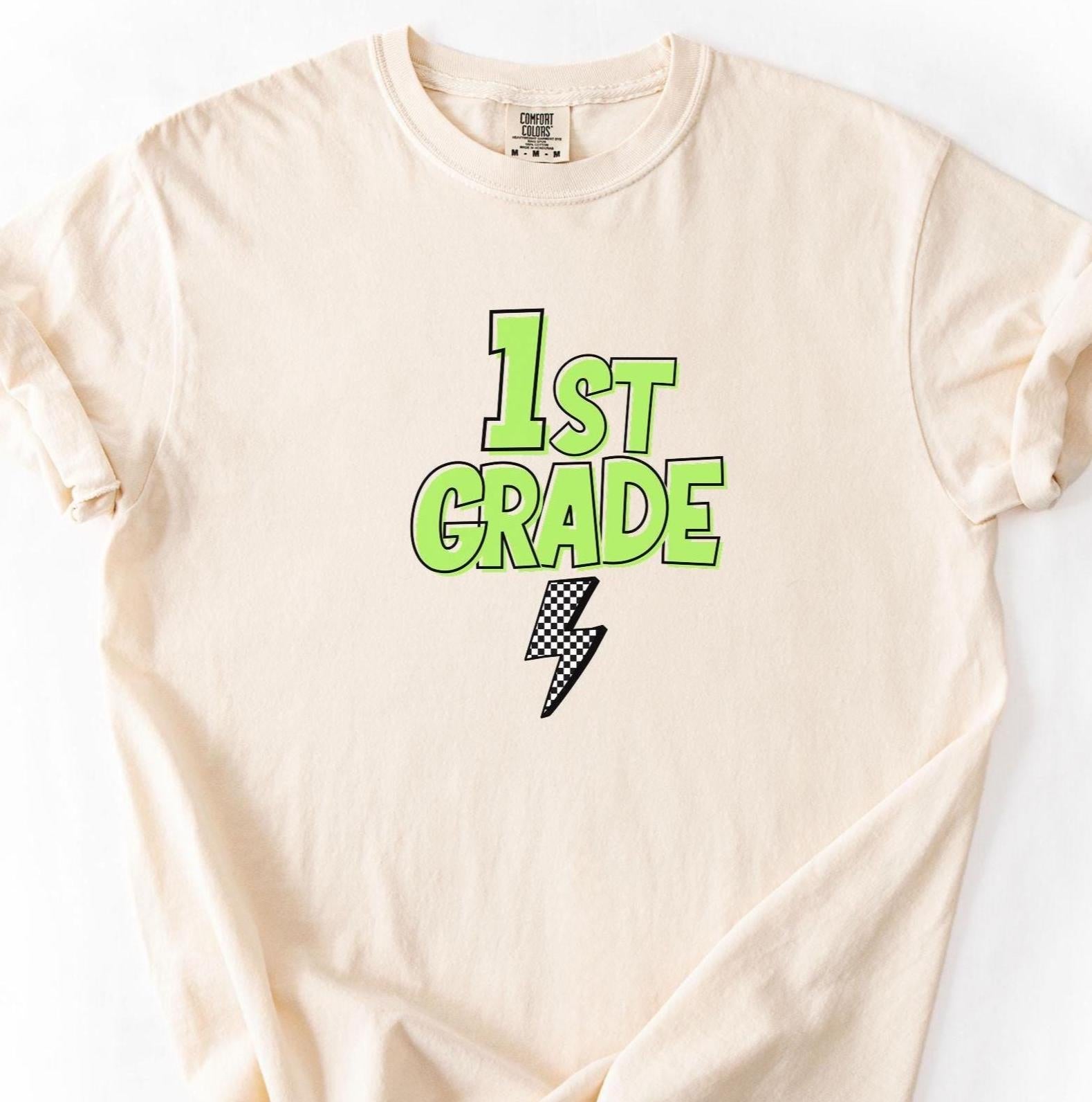 Comfort Colors Retro First Grade Teacher Shirt, Back to School 1st Grade Tee, Teacher Appreciation Gift, Teacher Group, Neon Checkered Shirt