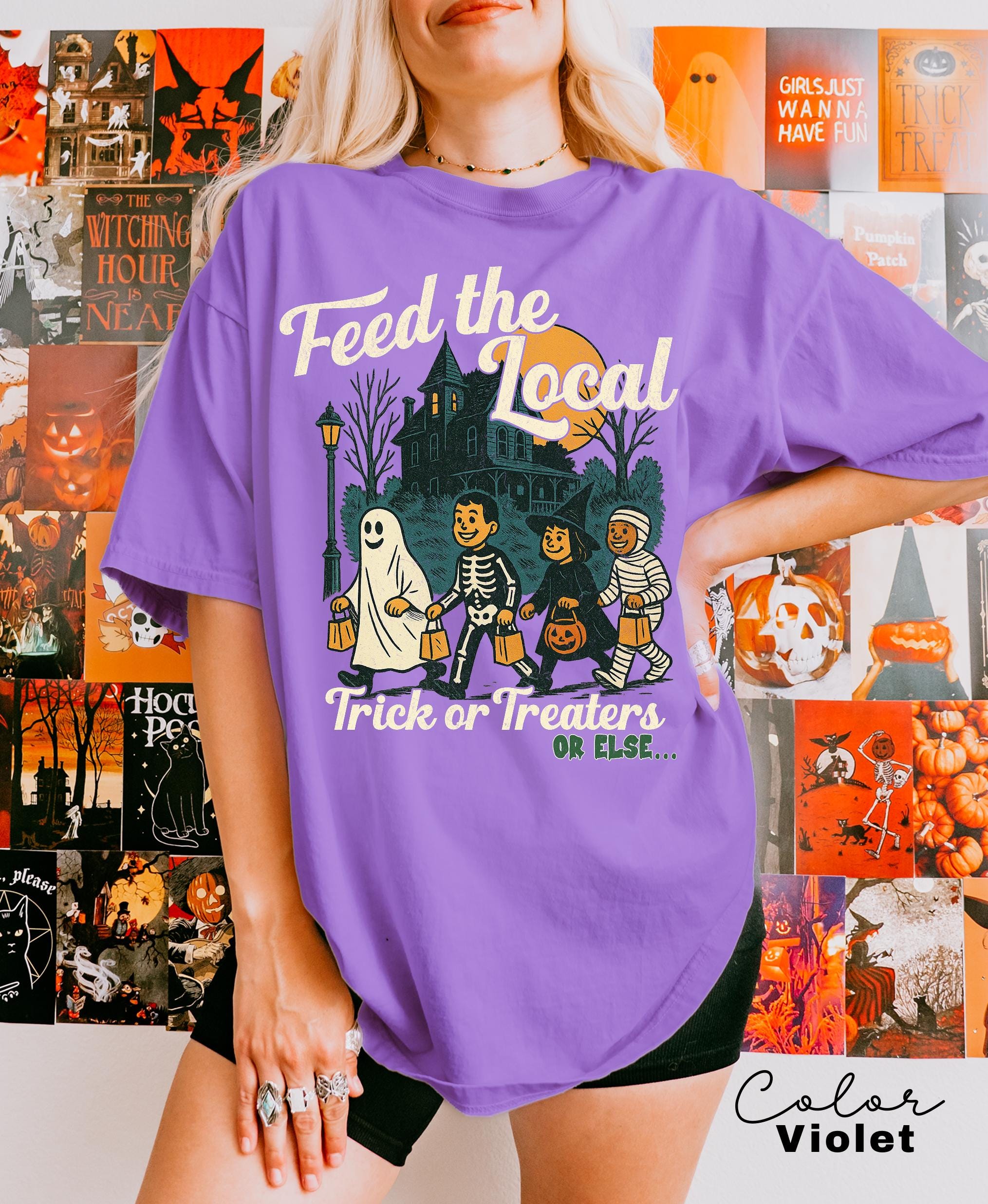 Retro Halloween Shirt, Feed the Local Trick or Treaters, Spooky Tee, Women's Halloween Shirt, Fall Spooky Cat shirt, Comfort Colors
