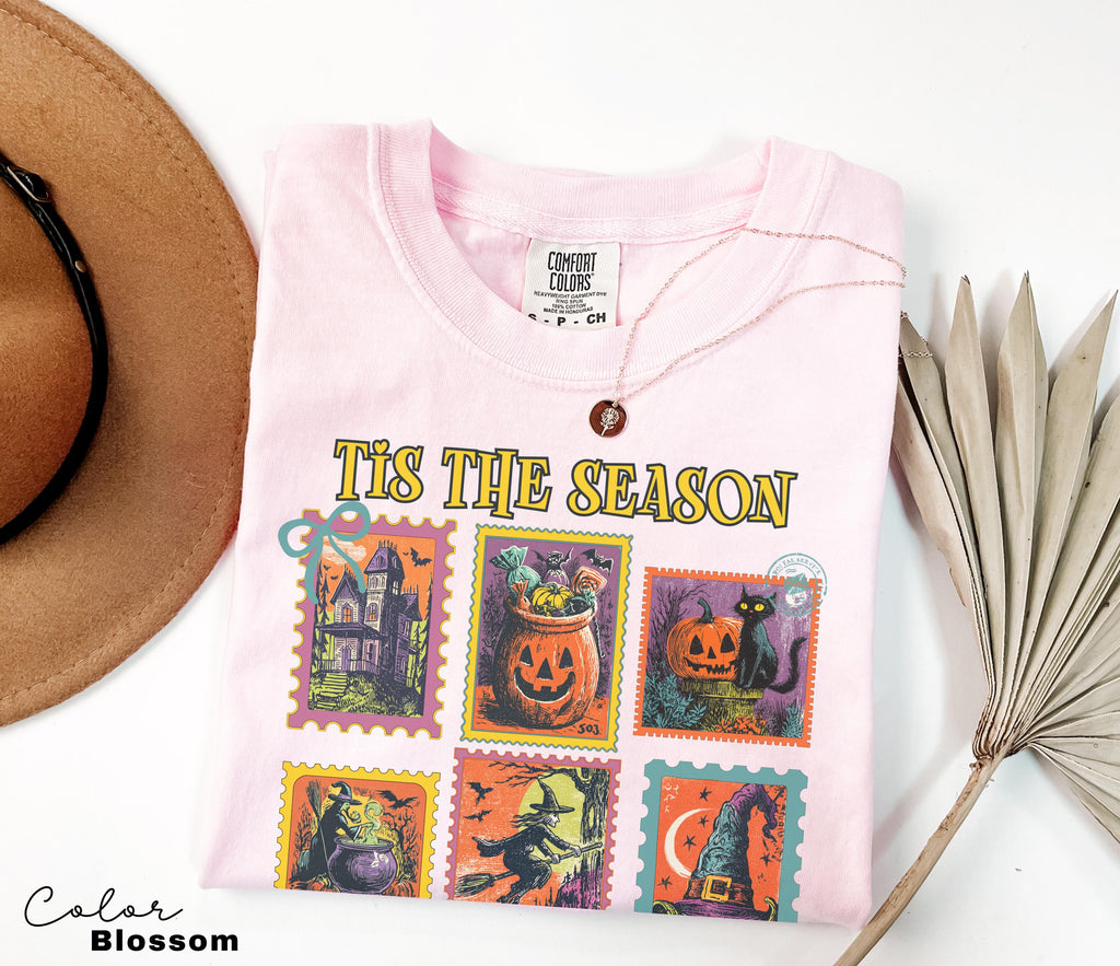 A pink t-shirt with a Halloween-themed design, including illustrations of pumpkins, bats, and a castle, along with the text "Tis the Season". The t-shirt is laid out on a white surface, accompanied by a brown hat, a plant, and a fan.