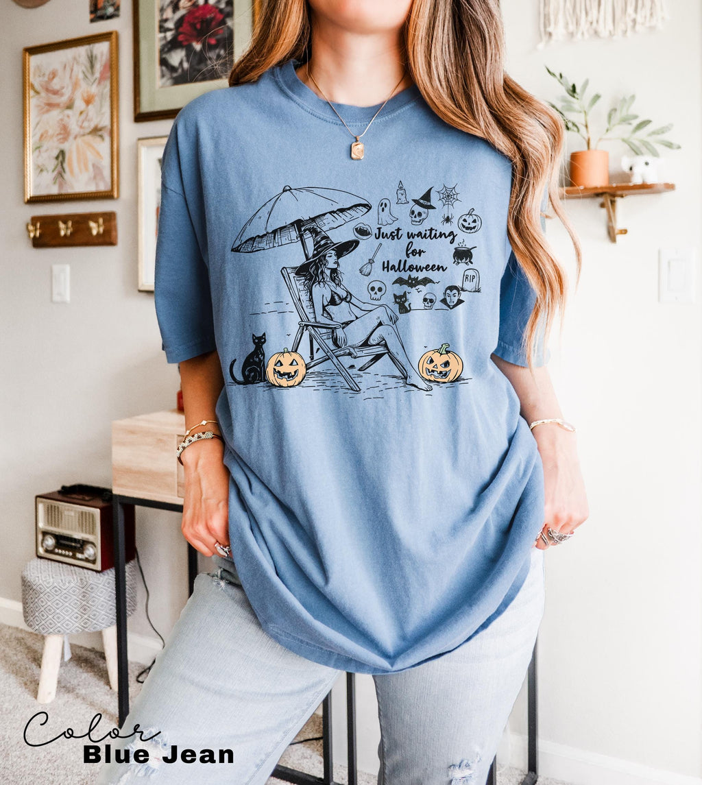 Summerween Beach Witch Shirt, Just Waiting for Halloween Summer Shirt, Summer-ween Tshirt, Spooky Summer Tee, Halloweener Gift, Vacation Tee