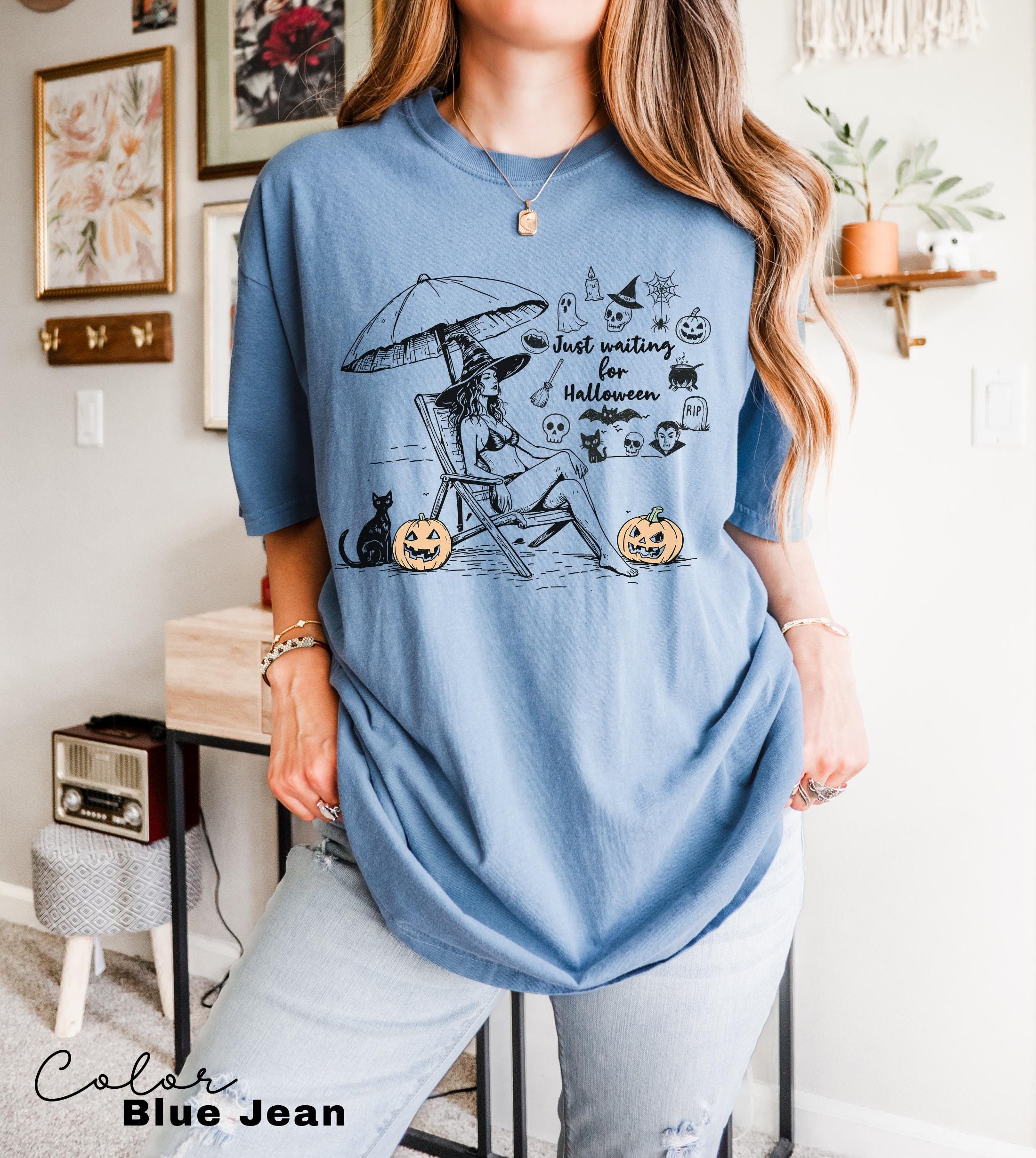 Summerween Beach Witch Shirt, Just Waiting for Halloween Summer Shirt, Summer-ween Tshirt, Spooky Summer Tee, Halloweener Gift, Vacation Tee