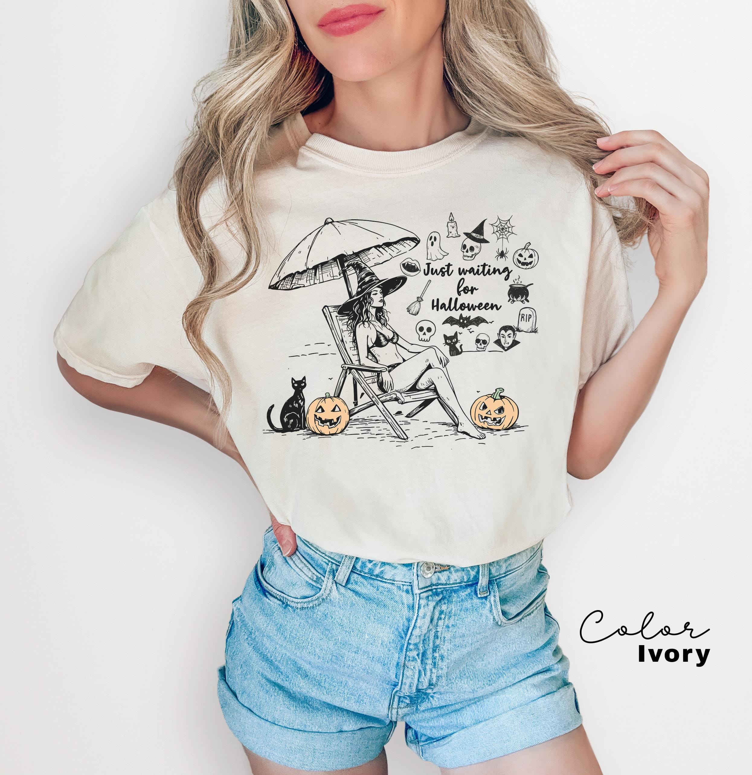 Summerween Beach Witch Shirt, Just Waiting for Halloween Summer Shirt, Summer-ween Tshirt, Spooky Summer Tee, Halloweener Gift, Vacation Tee