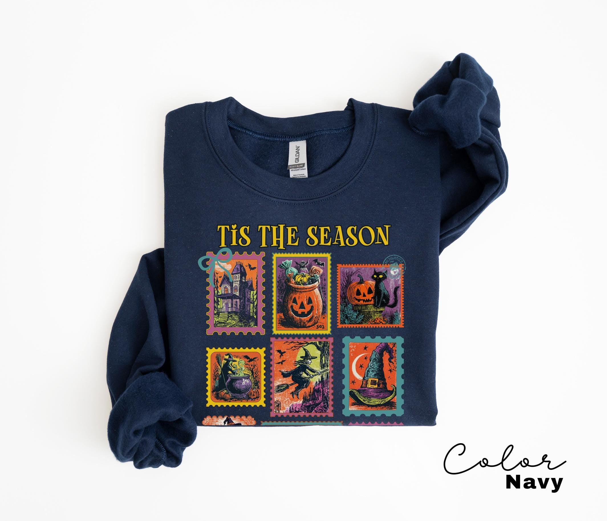 Halloween Cute Pumpkin Cat Sweatshirt, Tis the Season Halloween Postage Stamp Sweatshirt, Retro Women's Halloween, Fall Spooky Cat,