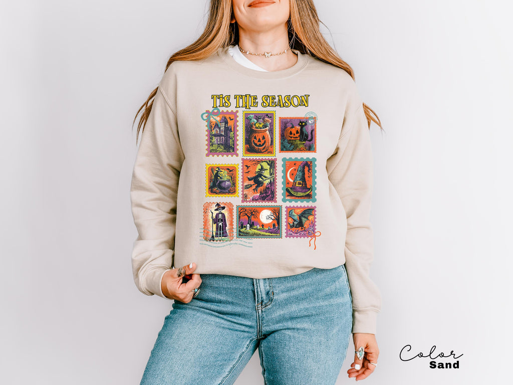 Halloween Cute Pumpkin Cat Sweatshirt, Tis the Season Halloween Postage Stamp Sweatshirt, Retro Women's Halloween, Fall Spooky Cat,
