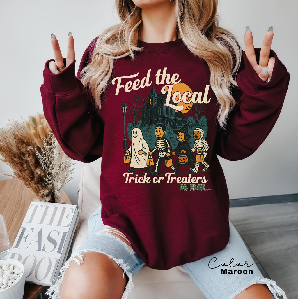 Retro Halloween Sweatshirt, Feed the Local Trick or Treaters, Trick or Treat, Spooky Season, Women's Halloween Crewneck, Fall Spooky Cat,