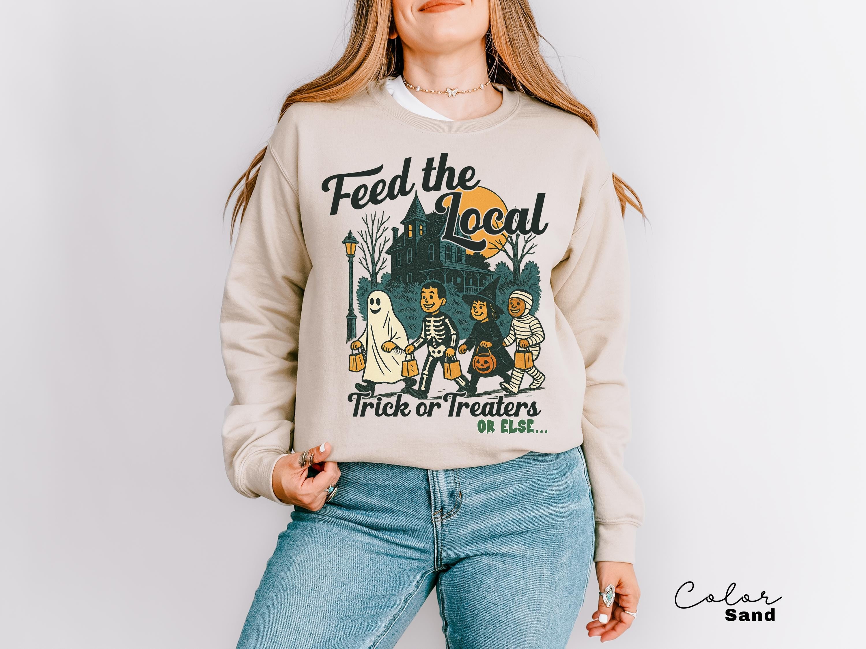 Retro Halloween Sweatshirt, Feed the Local Trick or Treaters, Trick or Treat, Spooky Season, Women's Halloween Crewneck, Fall Spooky Cat,