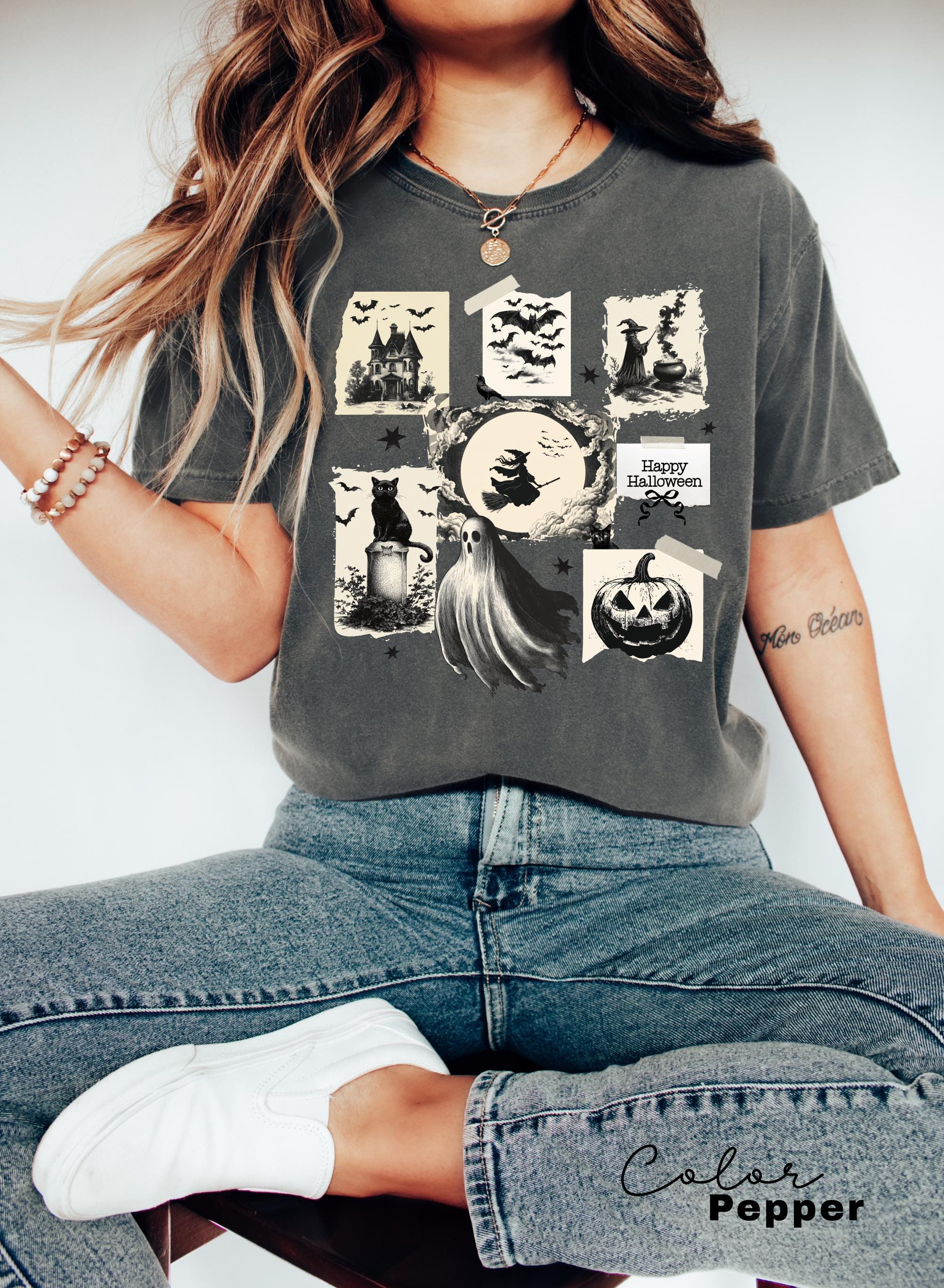 Halloween Collage Comfort Colors Shirt, Retro Halloween Tshirt, Vintage Oversized Halloween Aesthetic Tee, Women's Halloween Graphic Tee
