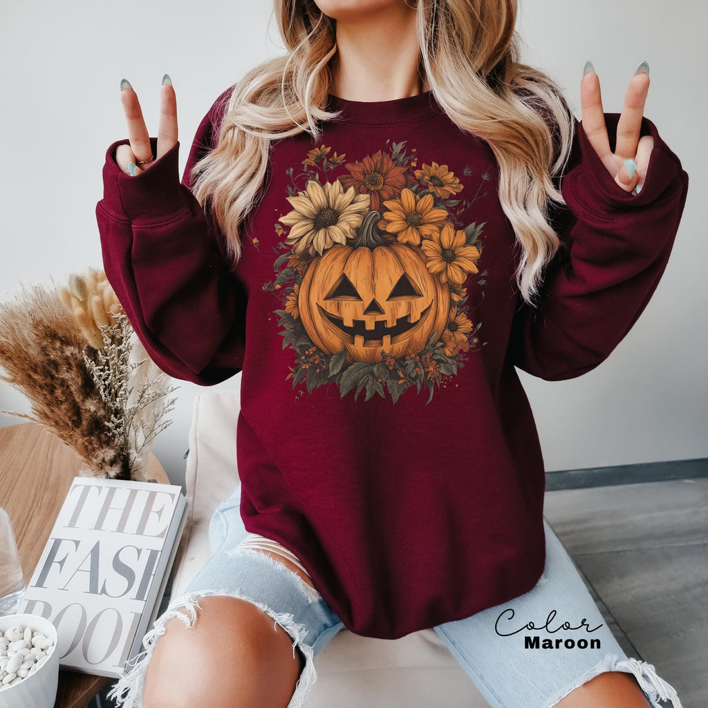 Halloween Pumpkin Sweatshirt, Retro Halloween Crewneck, Spooky Season, Jack O Lantern, Flowers, Fall Floral Sweatshirt,