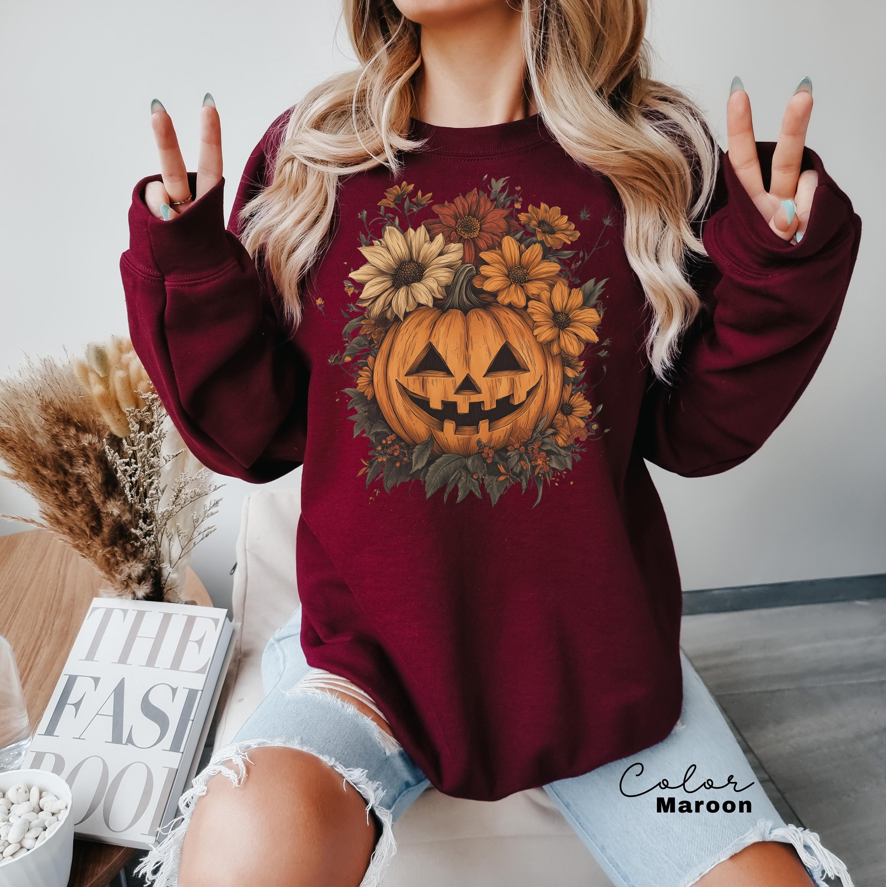 Halloween Pumpkin Sweatshirt, Retro Halloween Crewneck, Spooky Season, Jack O Lantern, Flowers, Fall Floral Sweatshirt,