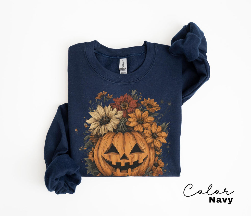 Halloween Pumpkin Sweatshirt, Retro Halloween Crewneck, Spooky Season, Jack O Lantern, Flowers, Fall Floral Sweatshirt,