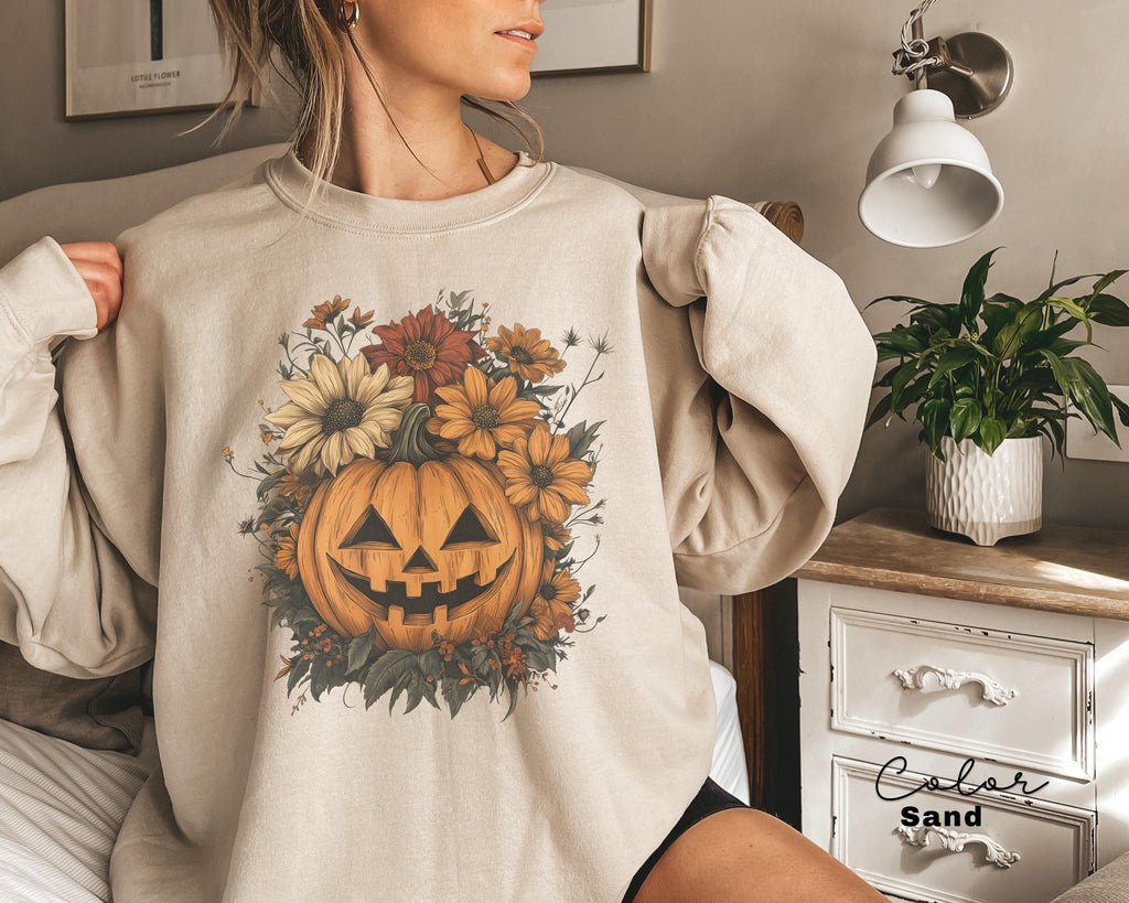 Halloween Pumpkin Sweatshirt, Retro Halloween Crewneck, Spooky Season, Jack O Lantern, Flowers, Fall Floral Sweatshirt,