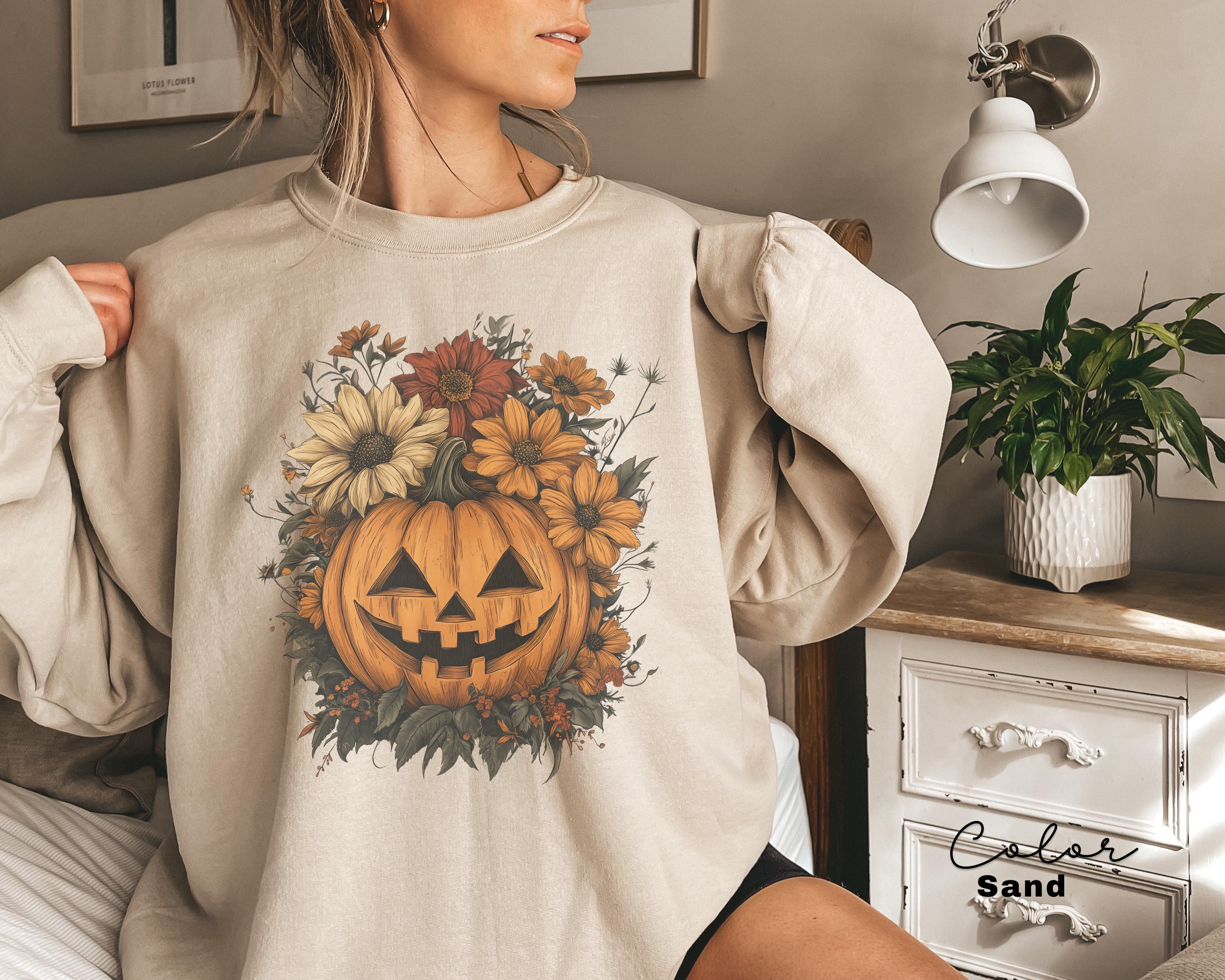 Halloween Pumpkin Sweatshirt, Retro Halloween Crewneck, Spooky Season, Jack O Lantern, Flowers, Fall Floral Sweatshirt,