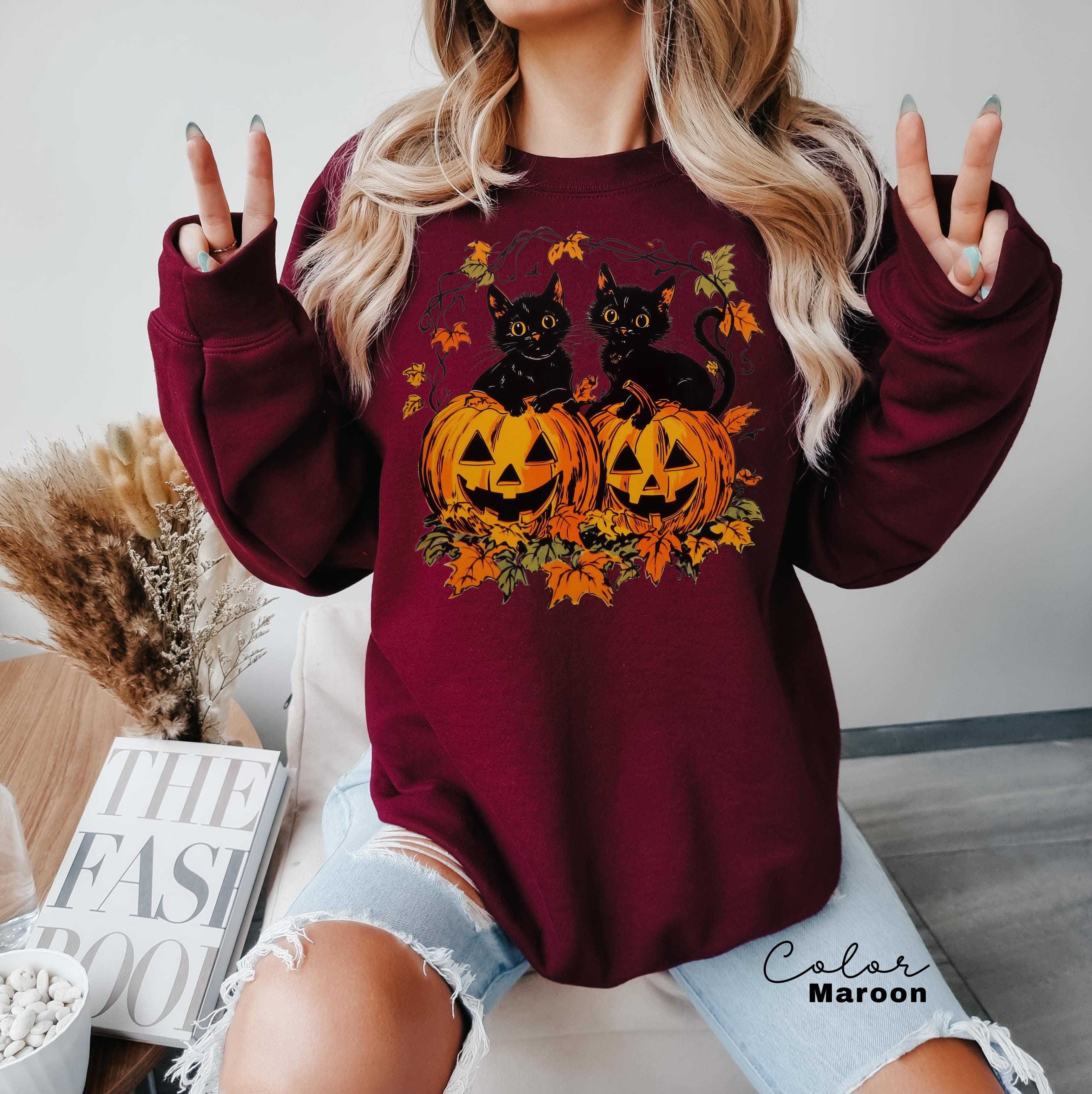 Spooky Cat Halloween Sweatshirt, Vintage 90s Halloween Cat, Retro Cat Crewneck, Pumpkin, Jack O Lantern Black Cat Halloween, Spooky Season
