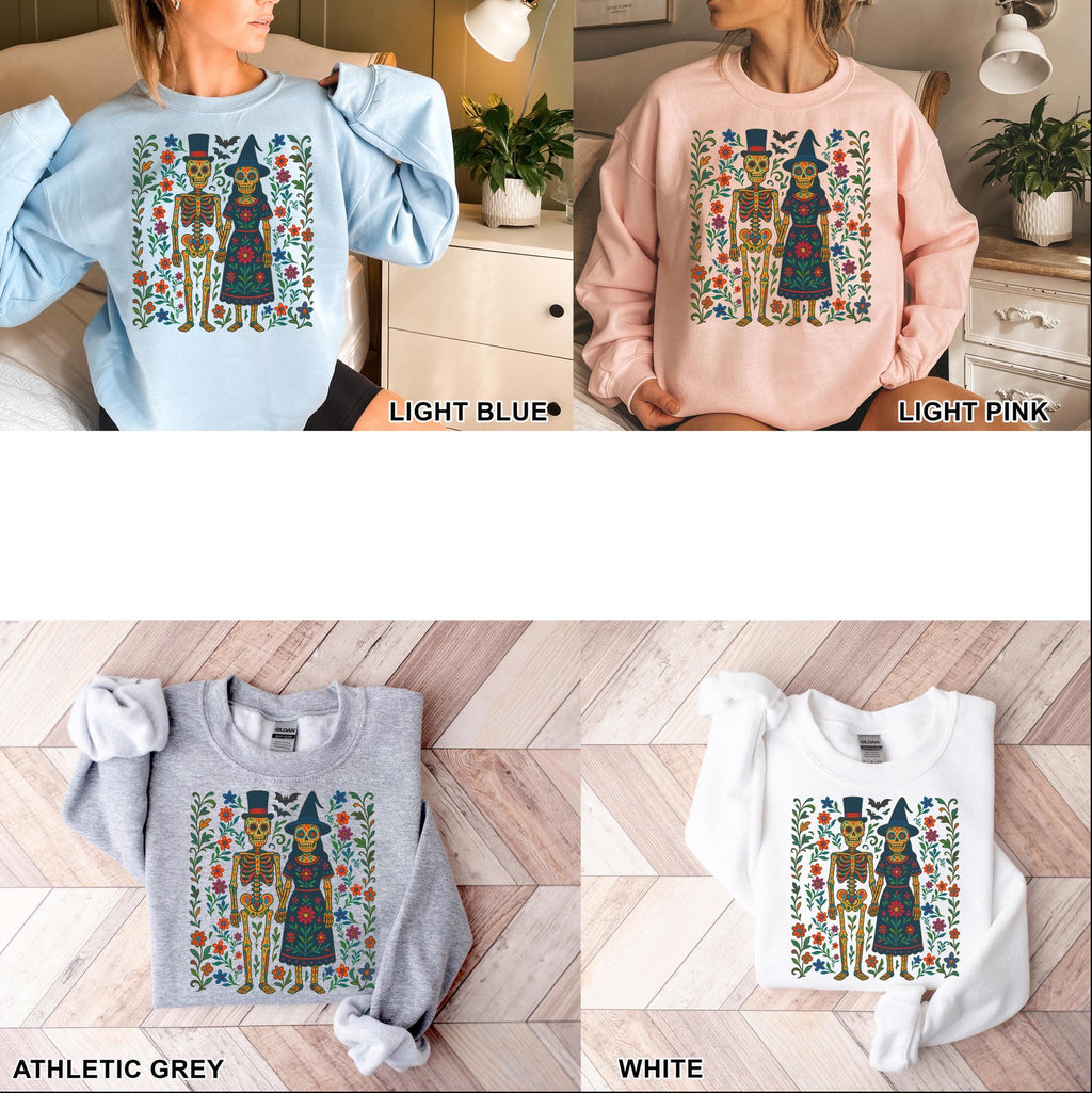 Halloween Skeleton Couple Sweatshirt, Floral Halloween, Sugar Skull, Colorful Halloween Pullover, Oversized, Retro Vintage Halloween