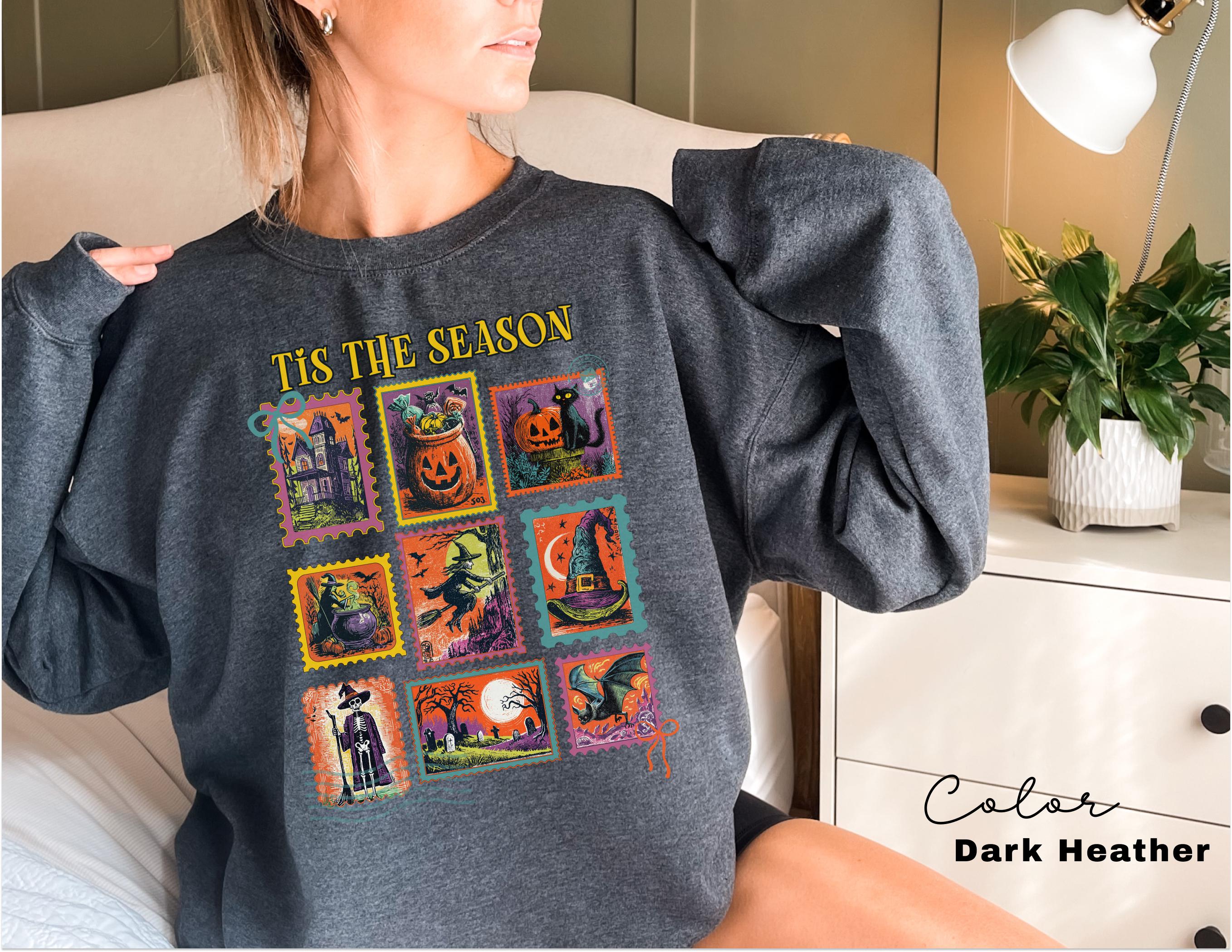 Halloween Cute Pumpkin Cat Sweatshirt, Tis the Season Halloween Postage Stamp Sweatshirt, Retro Women's Halloween, Fall Spooky Cat,