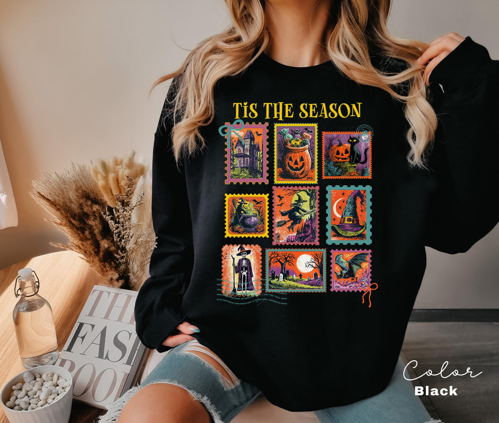 Halloween Cute Pumpkin Cat Sweatshirt, Tis the Season Halloween Postage Stamp Sweatshirt, Retro Women's Halloween, Fall Spooky Cat,