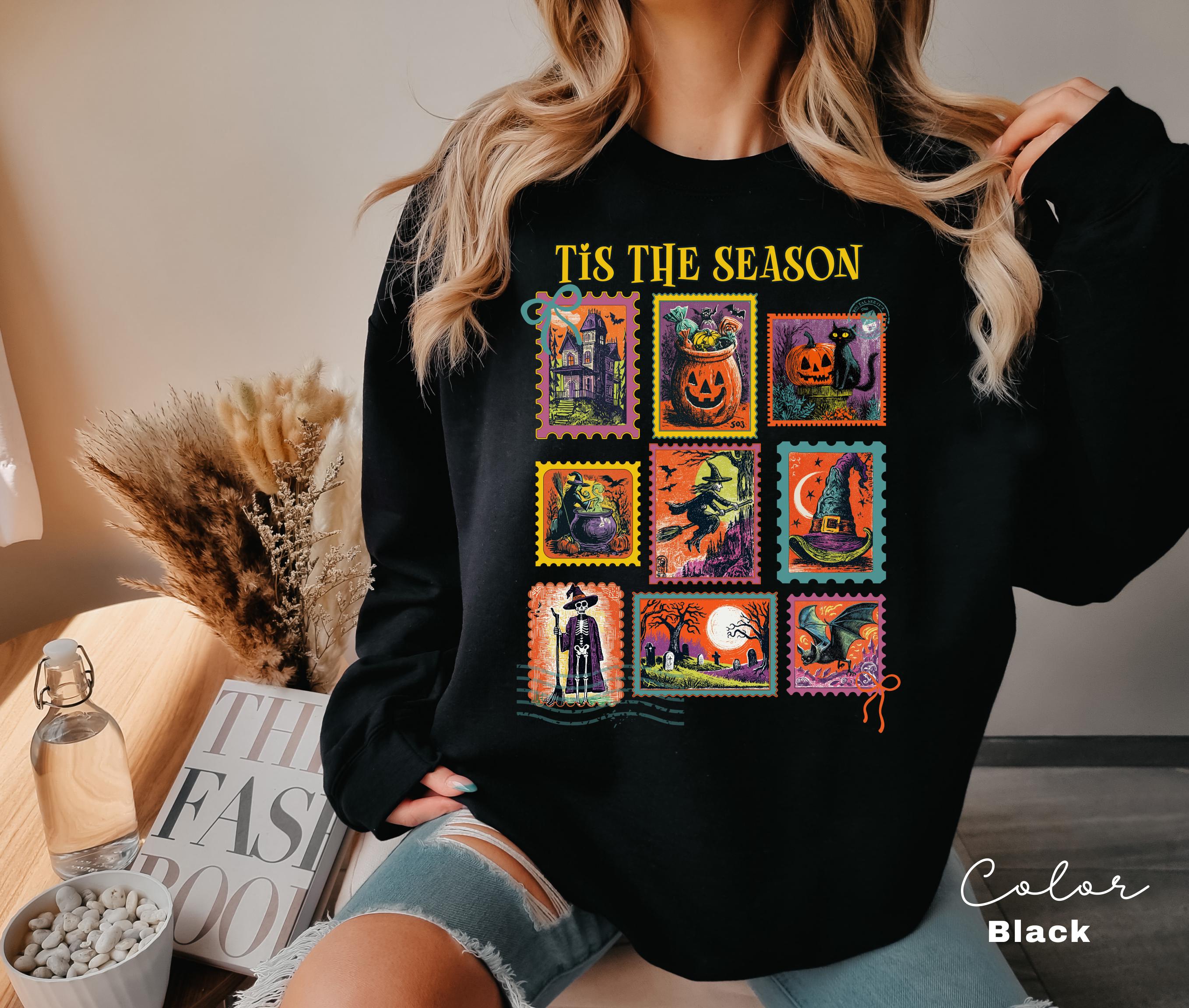 Halloween Cute Pumpkin Cat Sweatshirt, Tis the Season Halloween Postage Stamp Sweatshirt, Retro Women's Halloween, Fall Spooky Cat,