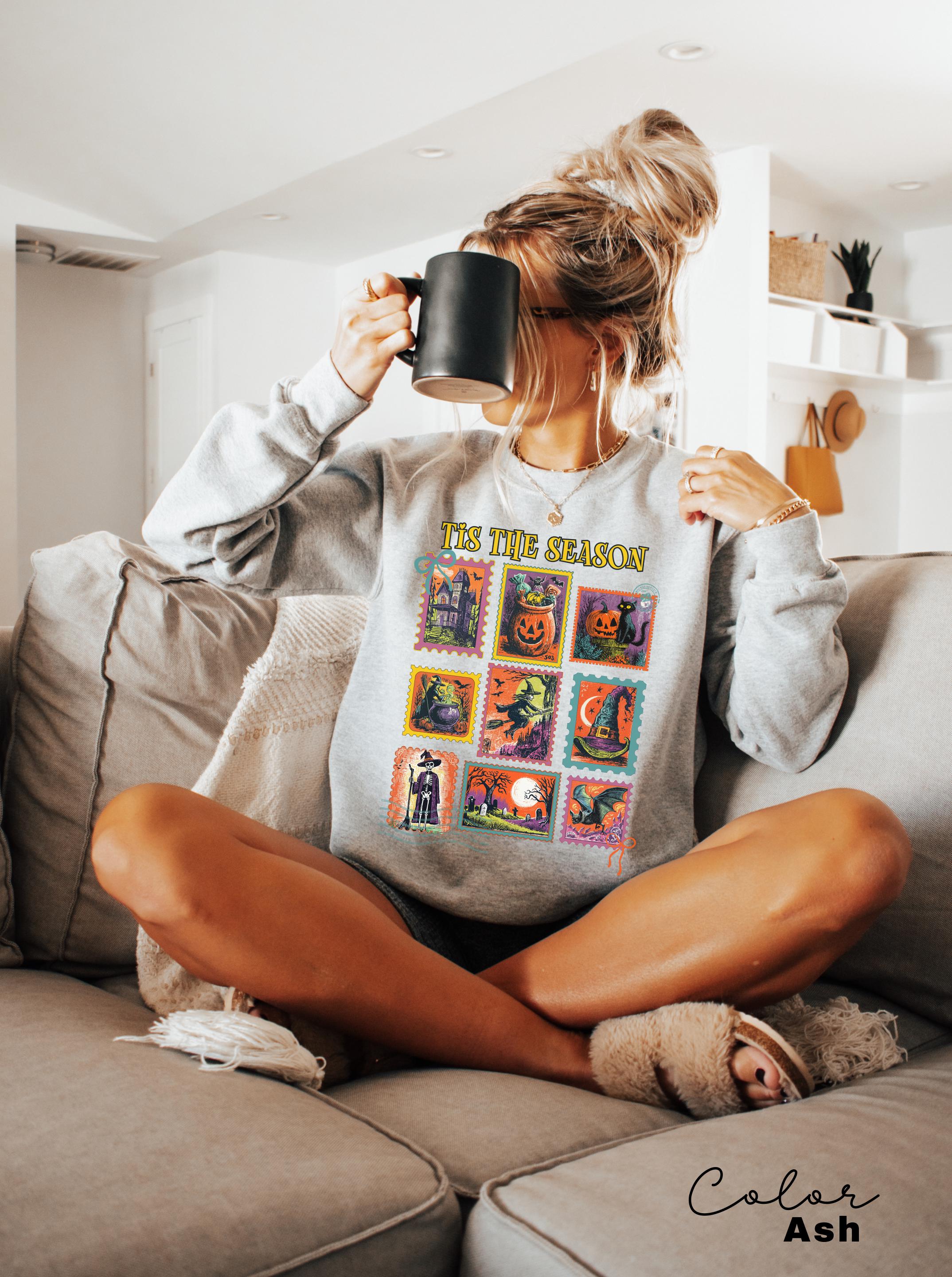 Halloween Cute Pumpkin Cat Sweatshirt, Tis the Season Halloween Postage Stamp Sweatshirt, Retro Women's Halloween, Fall Spooky Cat,