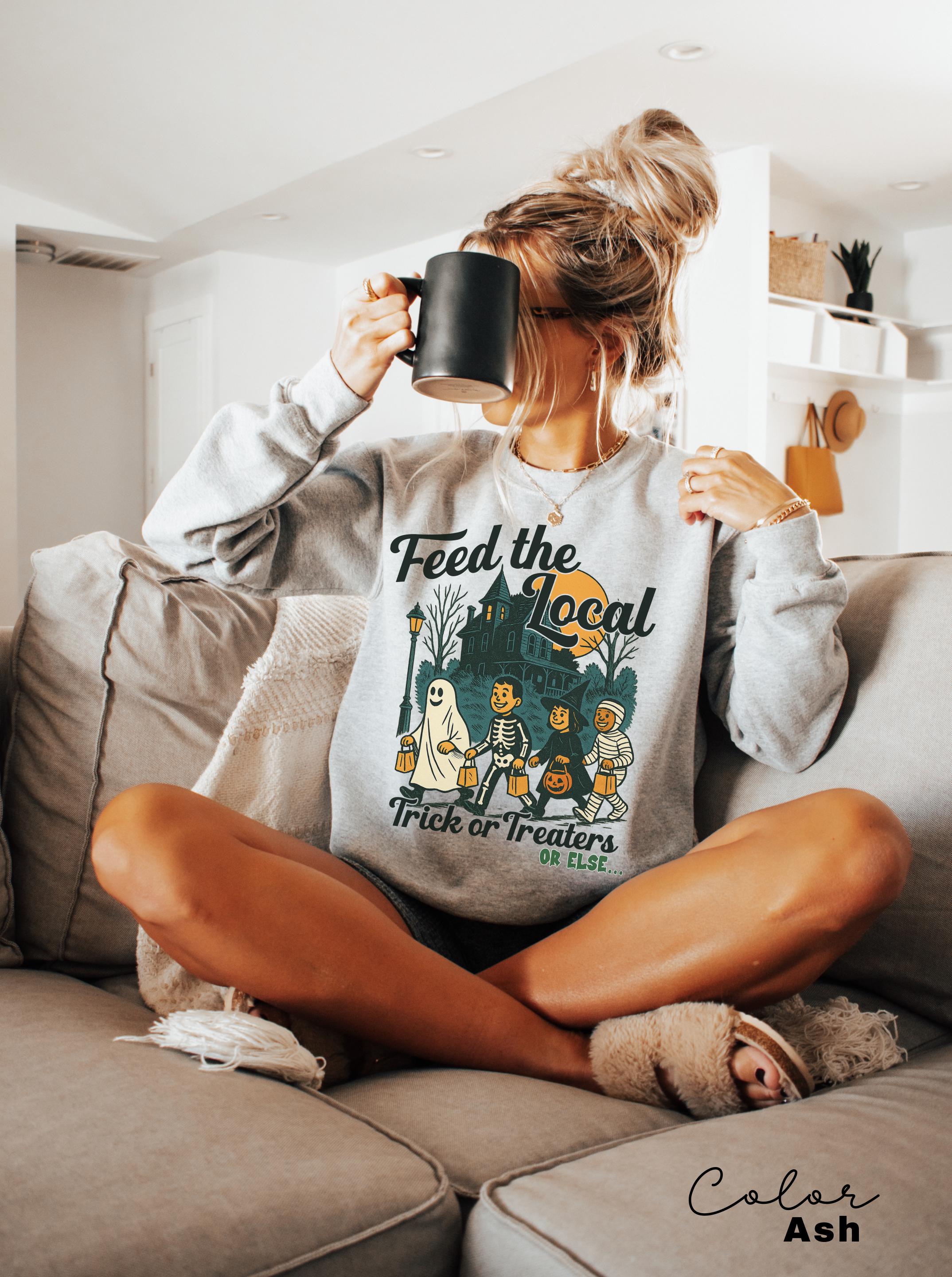 Retro Halloween Sweatshirt, Feed the Local Trick or Treaters, Trick or Treat, Spooky Season, Women's Halloween Crewneck, Fall Spooky Cat,