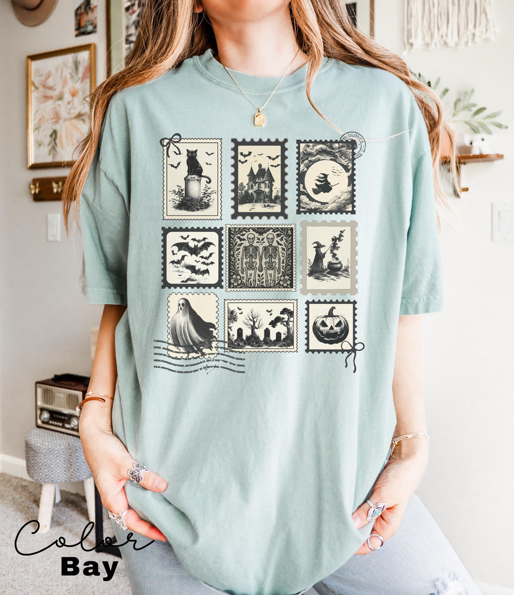 Halloween Cute Pumpkin Cat Shirt, Spooky Halloween Stamp Shirt, Retro Tee, Comfort Colors, Fall Spooky Cat, Witch Ghost Black Cat
