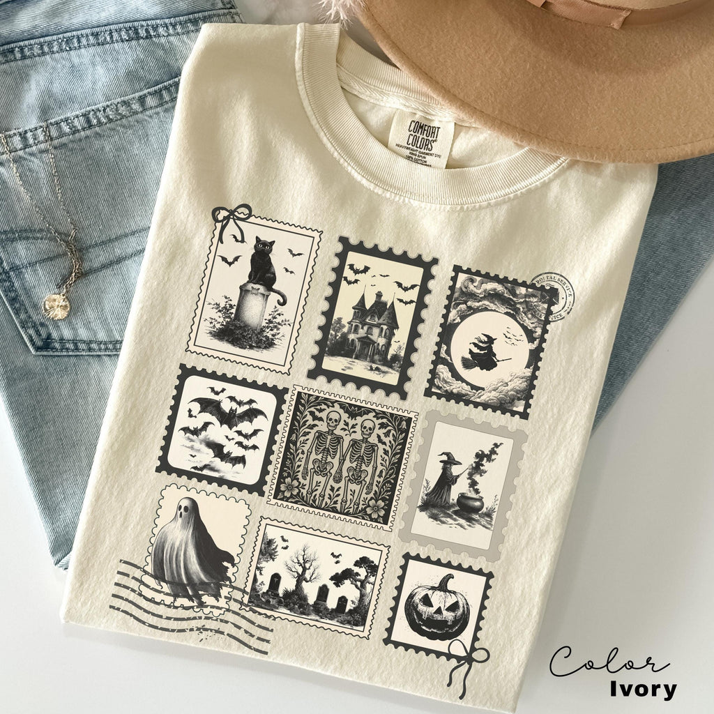 Halloween Cute Pumpkin Cat Shirt, Spooky Halloween Stamp Shirt, Retro Tee, Comfort Colors, Fall Spooky Cat, Witch Ghost Black Cat