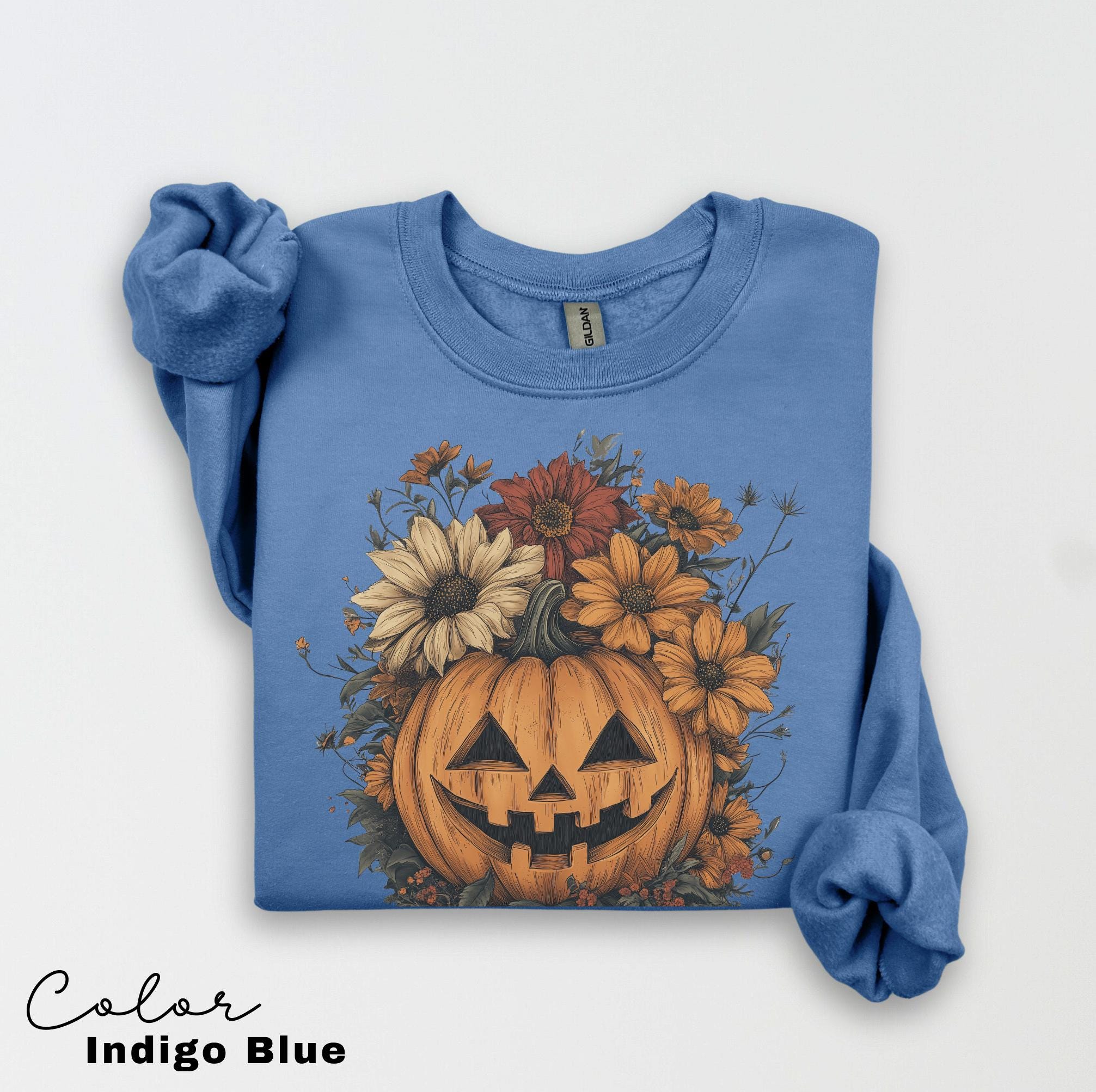 Halloween Pumpkin Sweatshirt, Retro Halloween Crewneck, Spooky Season, Jack O Lantern, Flowers, Fall Floral Sweatshirt,