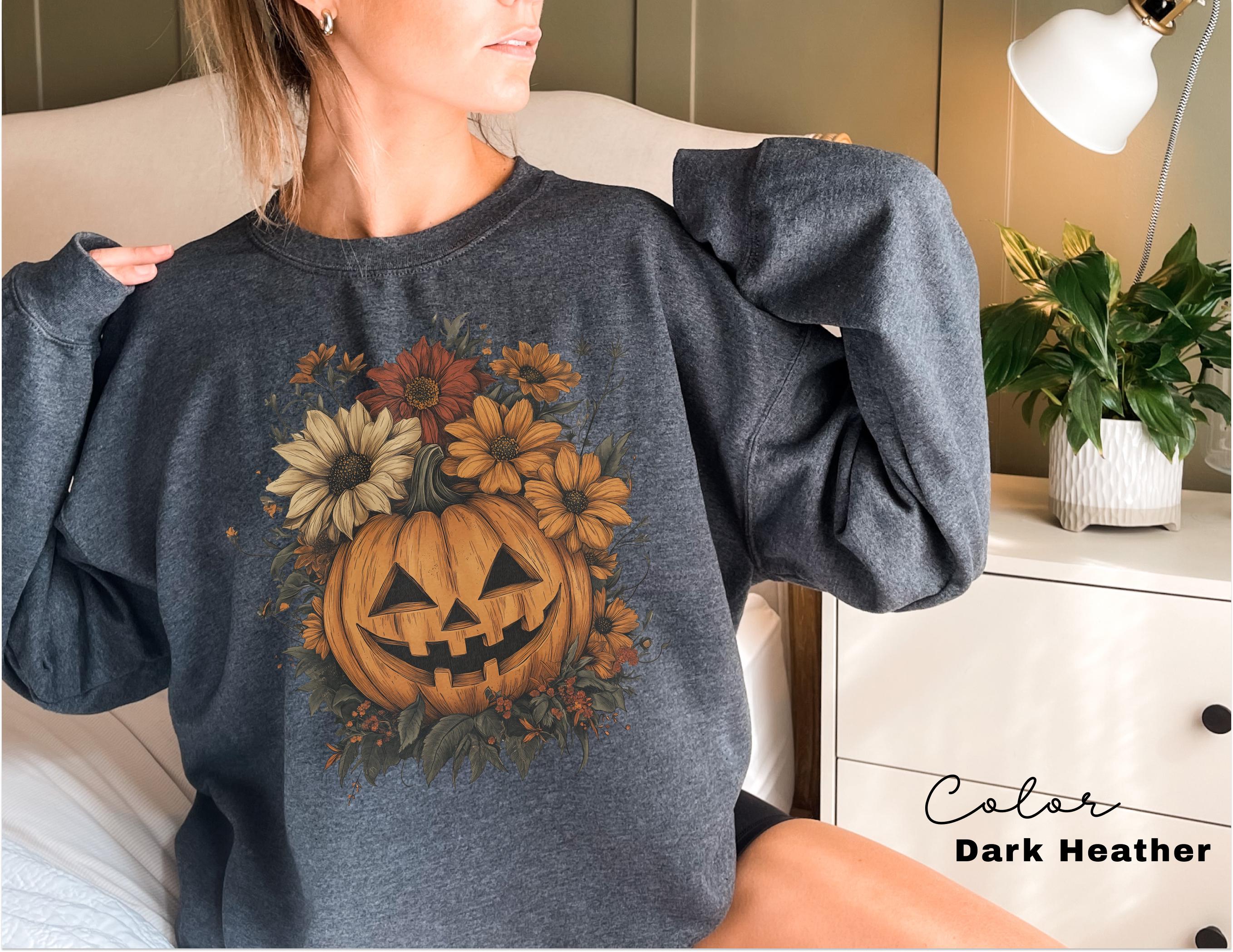 Halloween Pumpkin Sweatshirt, Retro Halloween Crewneck, Spooky Season, Jack O Lantern, Flowers, Fall Floral Sweatshirt,
