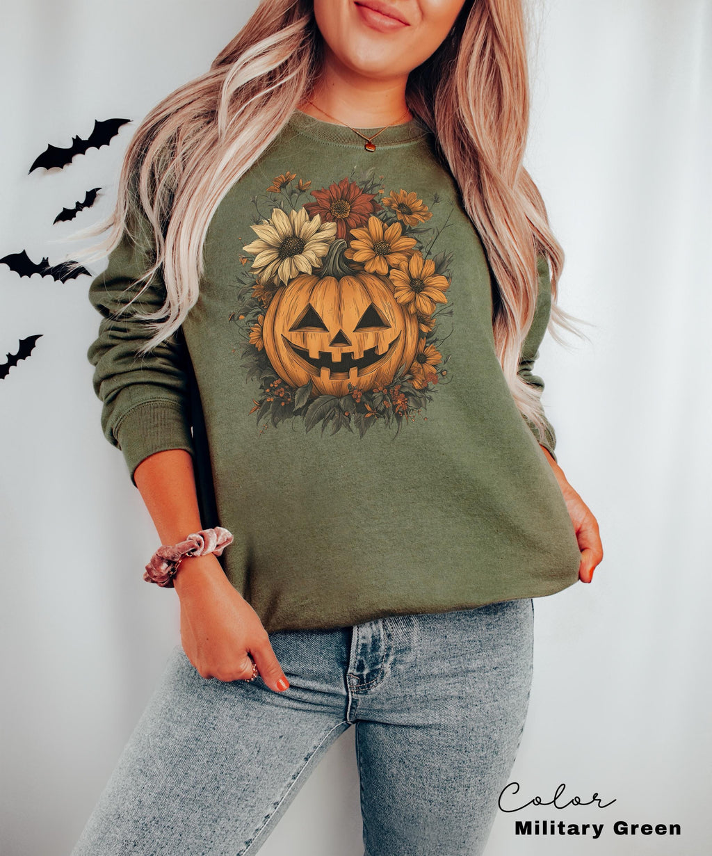 Halloween Pumpkin Sweatshirt, Retro Halloween Crewneck, Spooky Season, Jack O Lantern, Flowers, Fall Floral Sweatshirt,