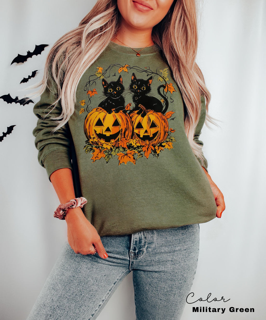 Spooky Cat Halloween Sweatshirt, Vintage 90s Halloween Cat, Retro Cat Crewneck, Pumpkin, Jack O Lantern Black Cat Halloween, Spooky Season