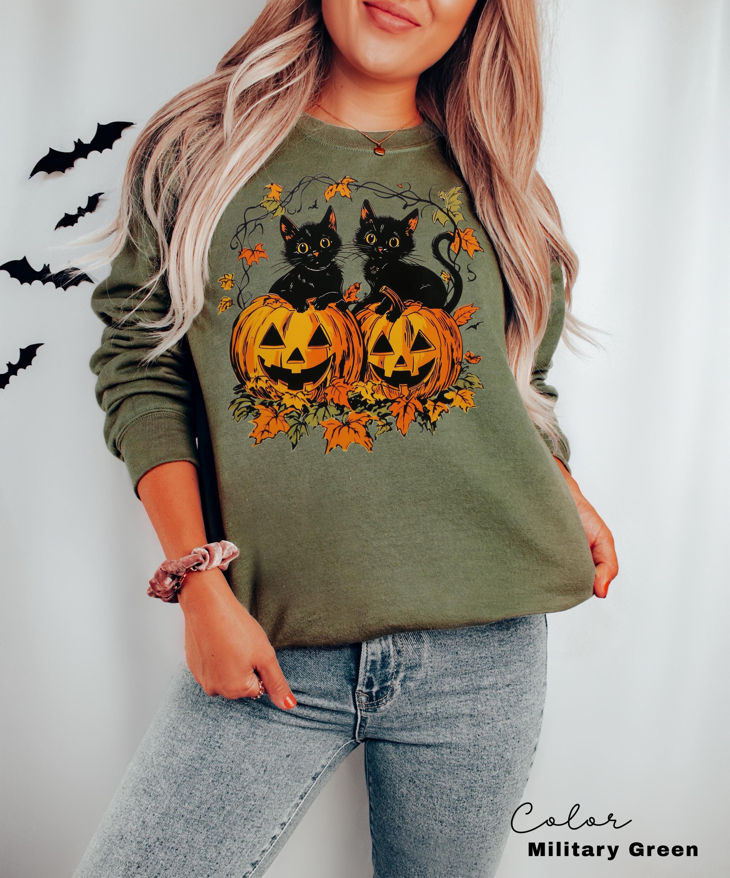 Spooky Cat Halloween Sweatshirt, Vintage 90s Halloween Cat, Retro Cat Crewneck, Pumpkin, Jack O Lantern Black Cat Halloween, Spooky Season