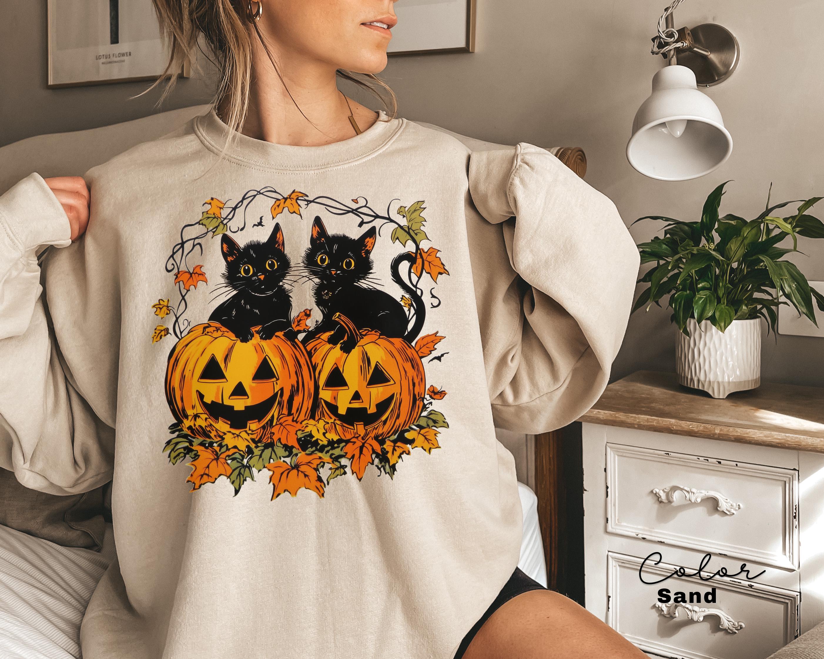Spooky Cat Halloween Sweatshirt, Vintage 90s Halloween Cat, Retro Cat Crewneck, Pumpkin, Jack O Lantern Black Cat Halloween, Spooky Season